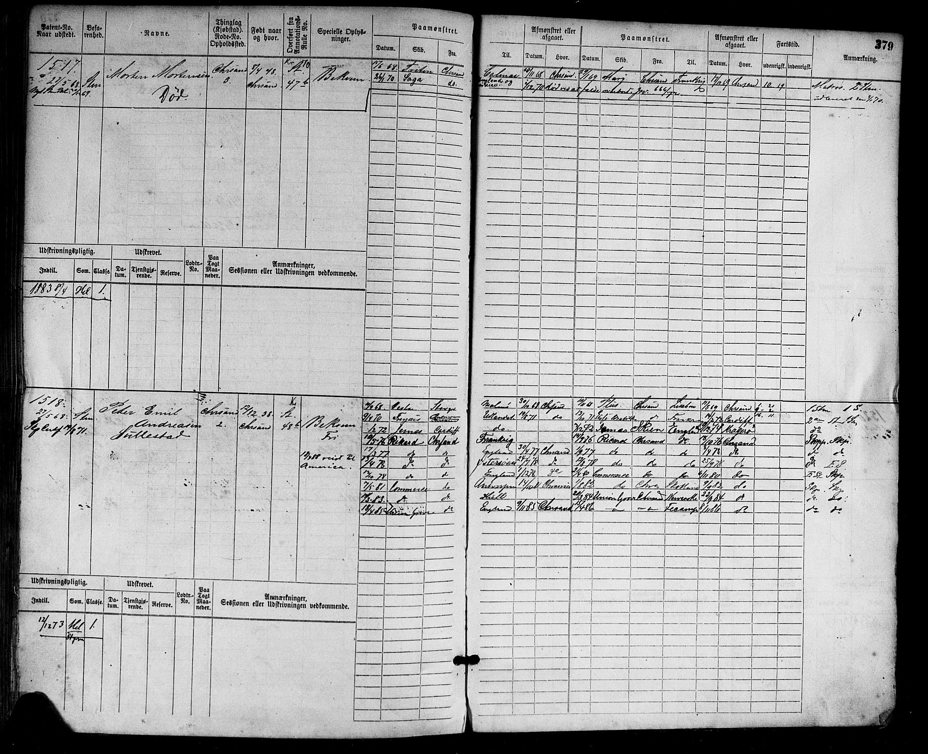 Kristiansand mønstringskrets, SAK/2031-0015/F/Fb/L0004: Hovedrulle nr 763-1521, I-11, 1868-1915, s. 399