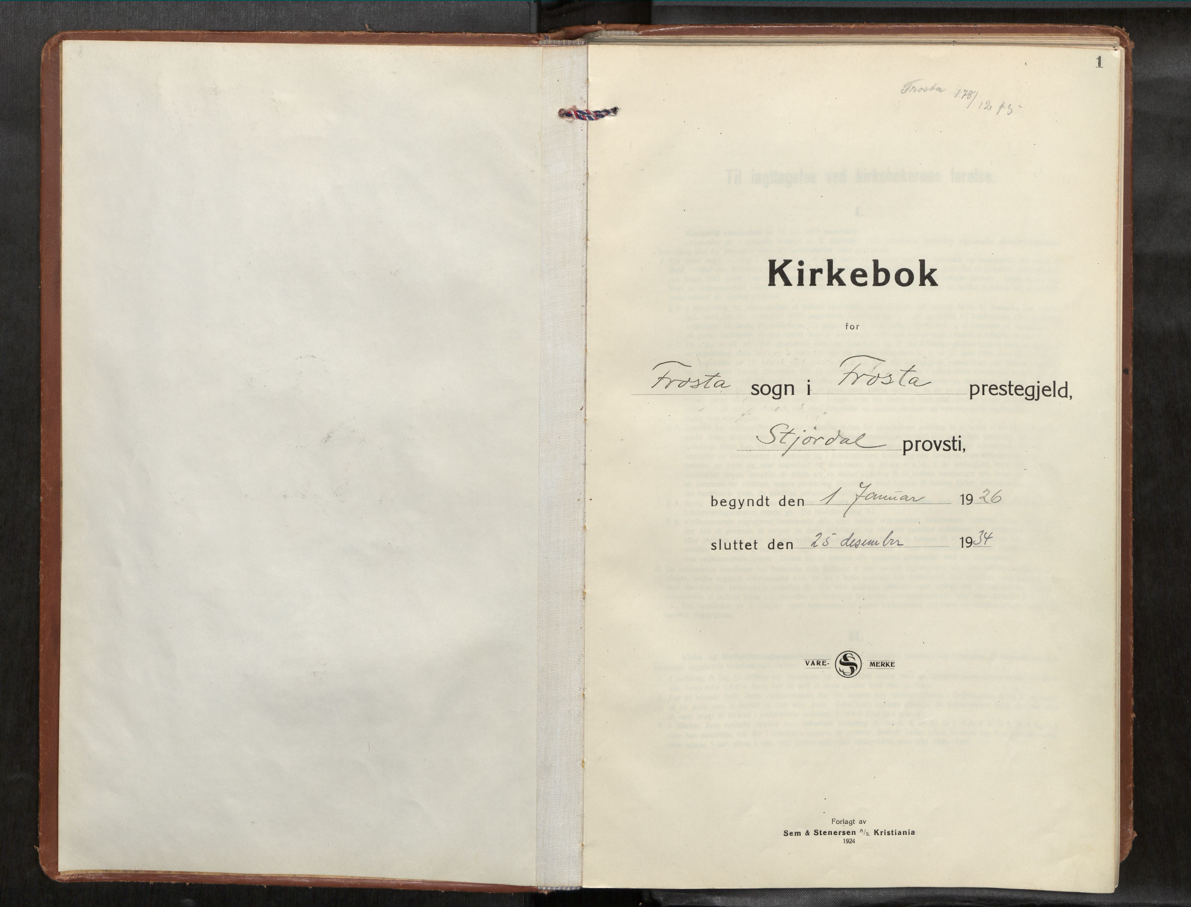 Frosta sokneprestkontor, AV/SAT-A-4380/2/H/Haa/L0001: Ministerialbok nr. 1, 1926-1934, s. 1