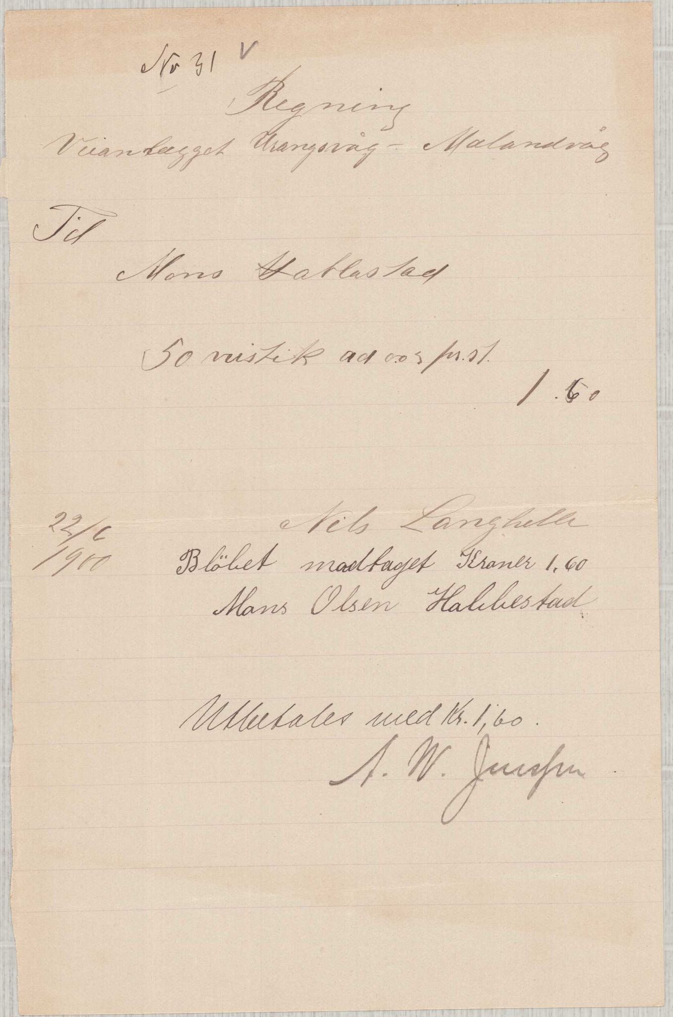 Finnaas kommune. Formannskapet, IKAH/1218a-021/E/Ea/L0002/0001: Rekneskap for veganlegg / Rekneskap for veganlegget Urangsvåg - Mælandsvåg, 1898-1900, s. 175