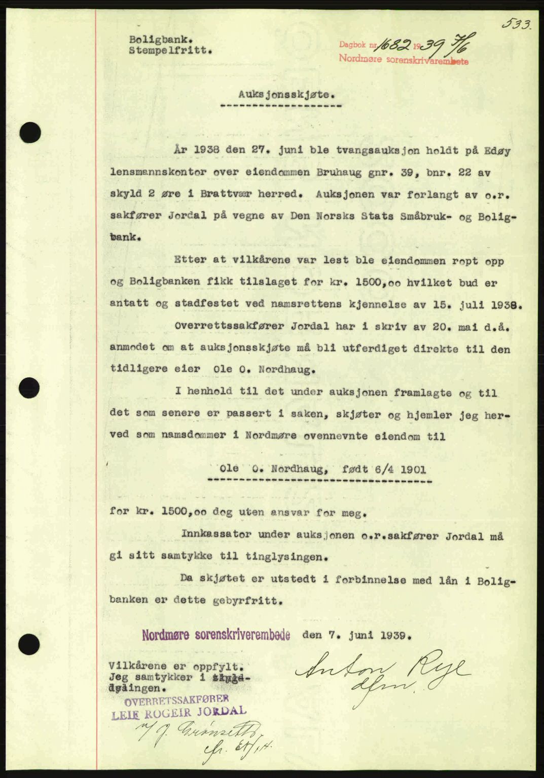 Nordmøre sorenskriveri, AV/SAT-A-4132/1/2/2Ca: Pantebok nr. A86, 1939-1939, Dagboknr: 1582/1939