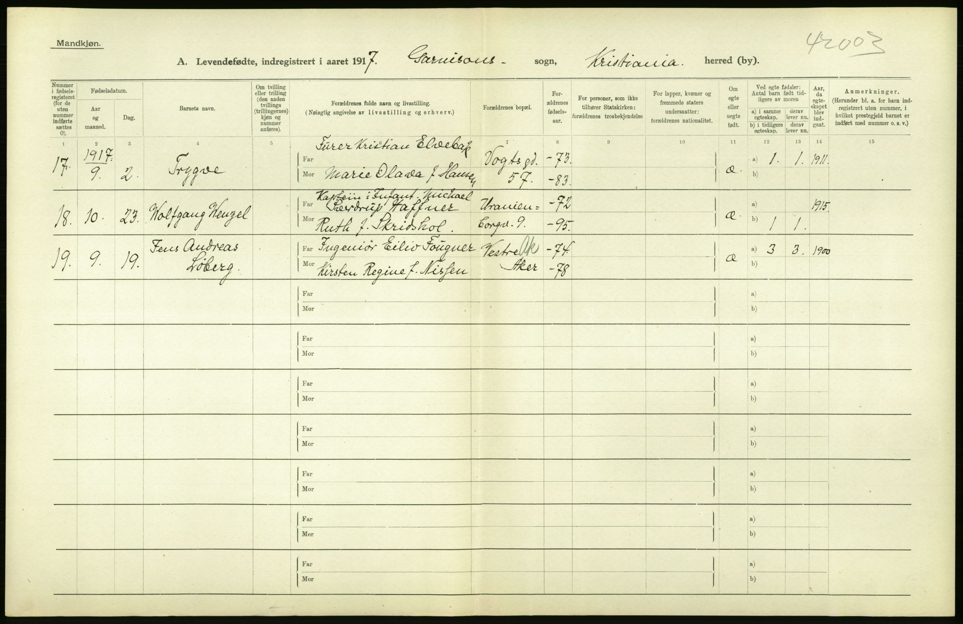 Statistisk sentralbyrå, Sosiodemografiske emner, Befolkning, RA/S-2228/D/Df/Dfb/Dfbg/L0007: Kristiania: Levendefødte menn og kvinner., 1917, s. 62