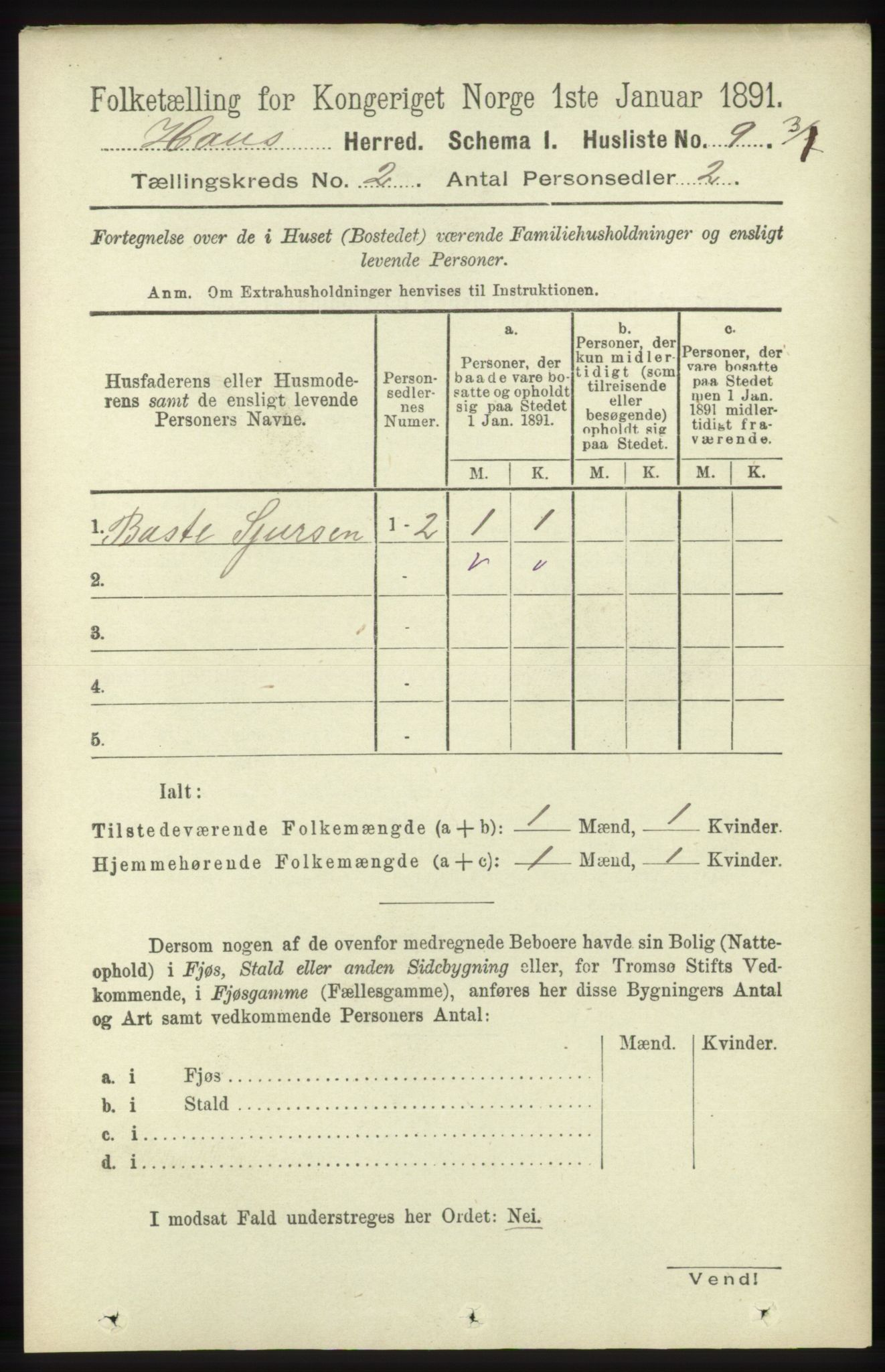 RA, Folketelling 1891 for 1250 Haus herred, 1891, s. 458