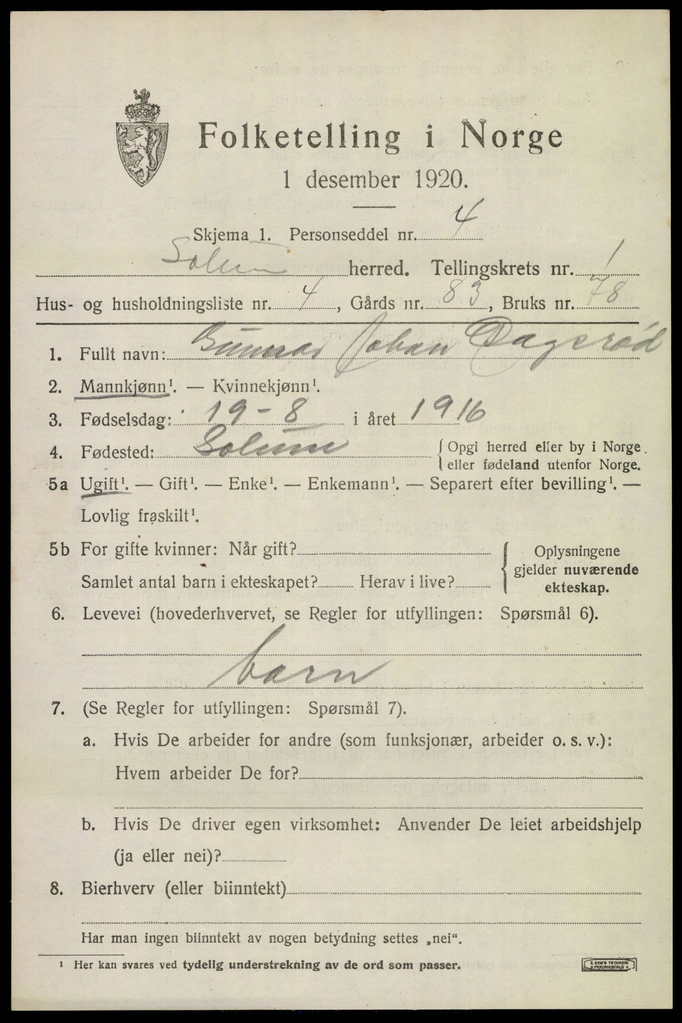 SAKO, Folketelling 1920 for 0818 Solum herred, 1920, s. 2290