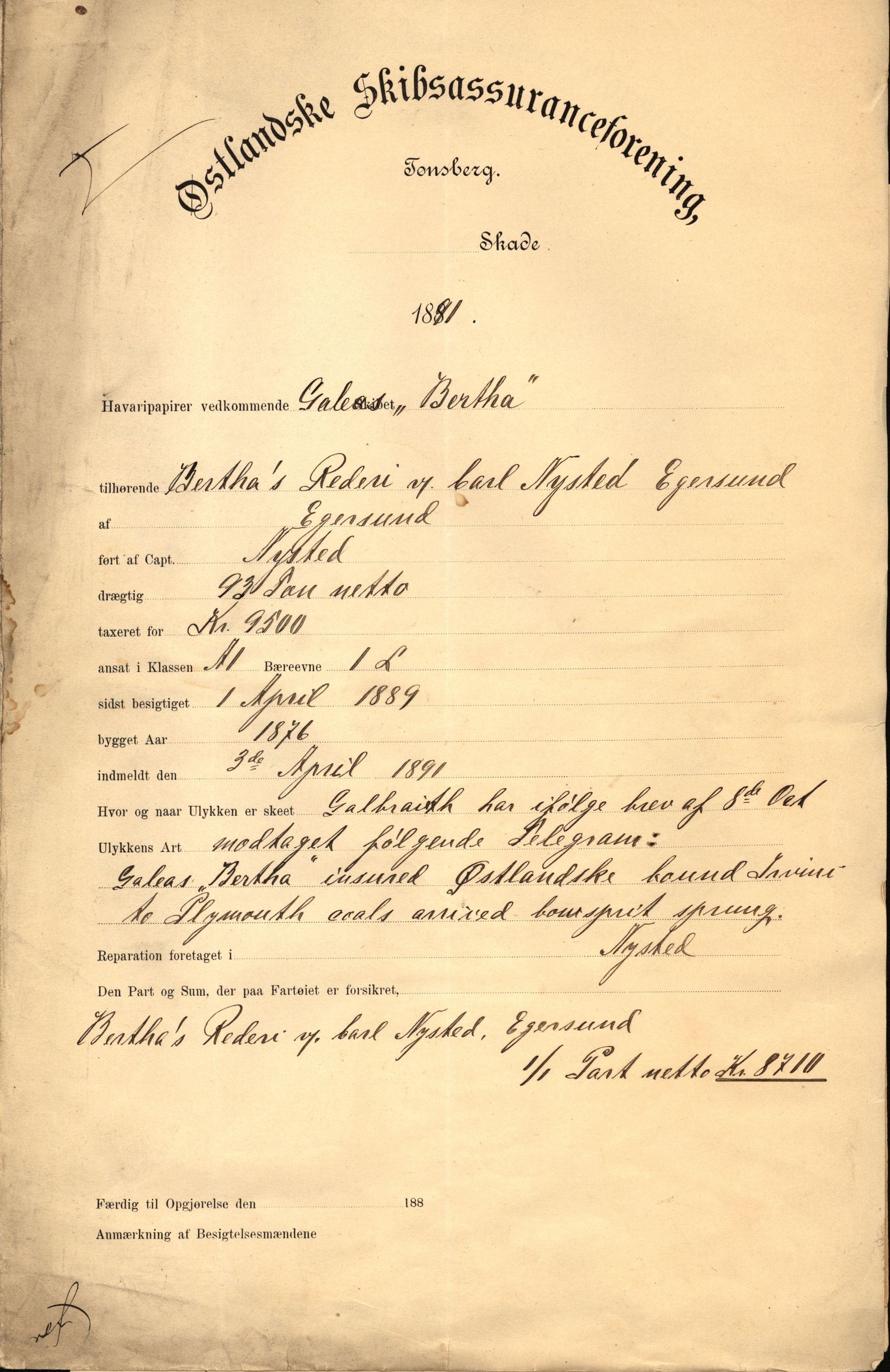 Pa 63 - Østlandske skibsassuranceforening, VEMU/A-1079/G/Ga/L0027/0004: Havaridokumenter / Avenir, Bertha, Augusta, Arctic, Black Hawk, 1891, s. 21