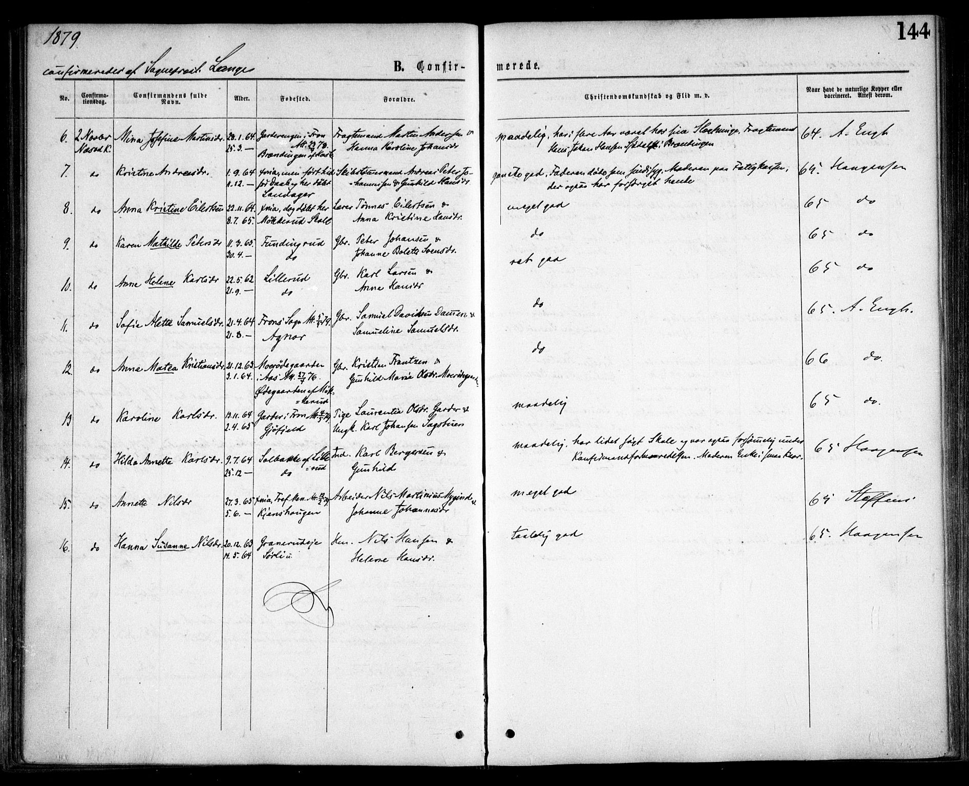 Nesodden prestekontor Kirkebøker, AV/SAO-A-10013/F/Fa/L0008: Ministerialbok nr. I 8, 1869-1879, s. 144