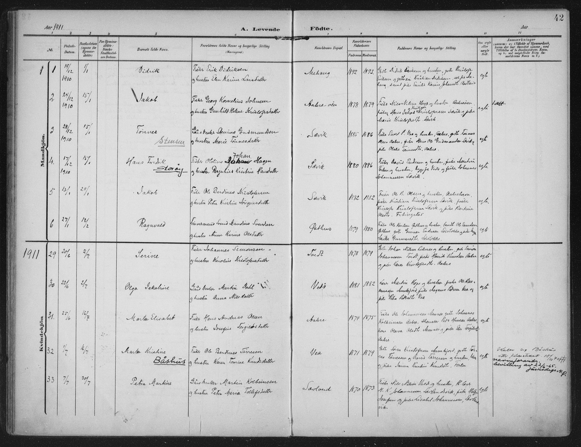 Kopervik sokneprestkontor, AV/SAST-A-101850/H/Ha/Haa/L0005: Ministerialbok nr. A 5, 1906-1924, s. 42