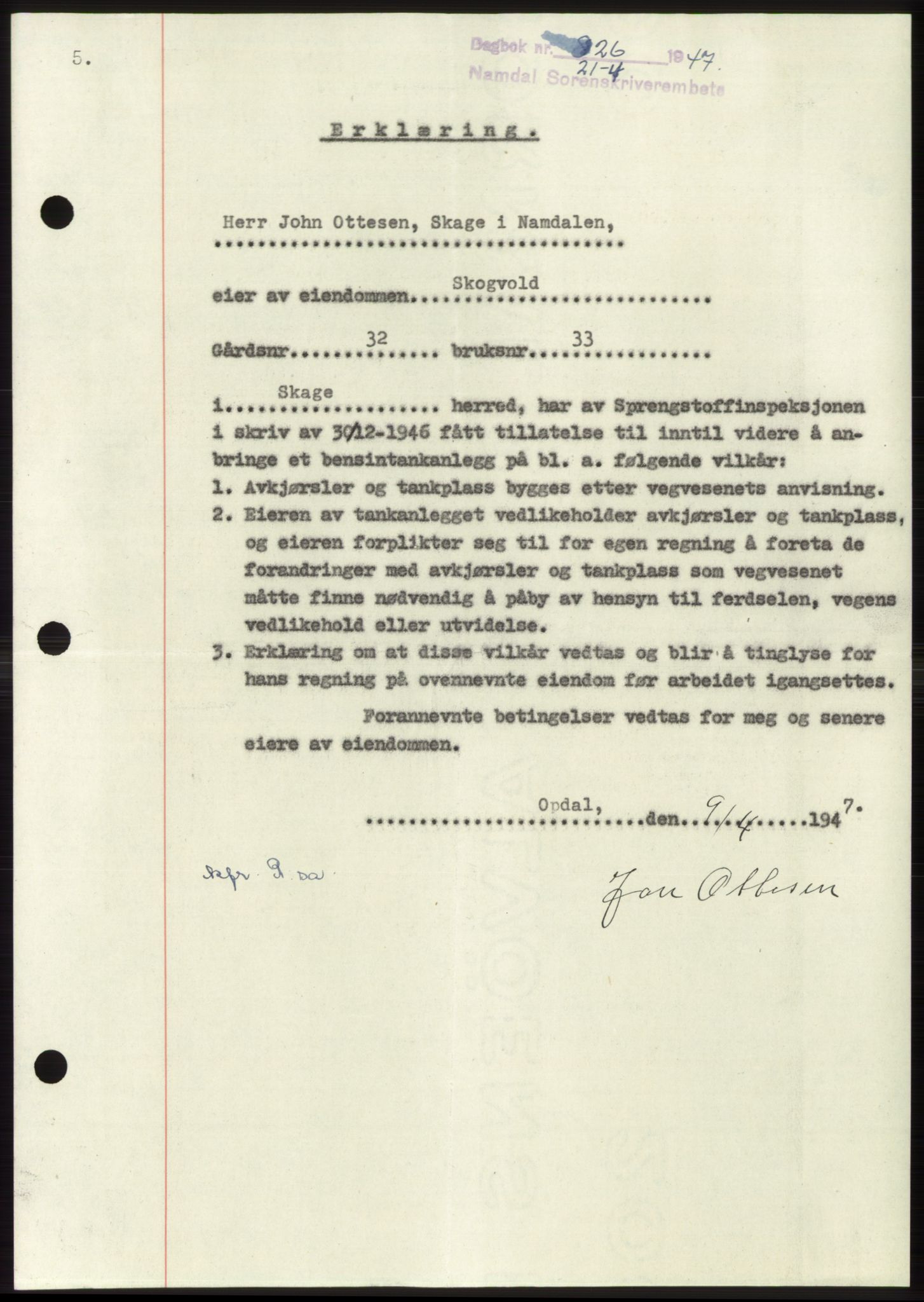 Namdal sorenskriveri, SAT/A-4133/1/2/2C: Pantebok nr. -, 1947-1947, Dagboknr: 826/1947