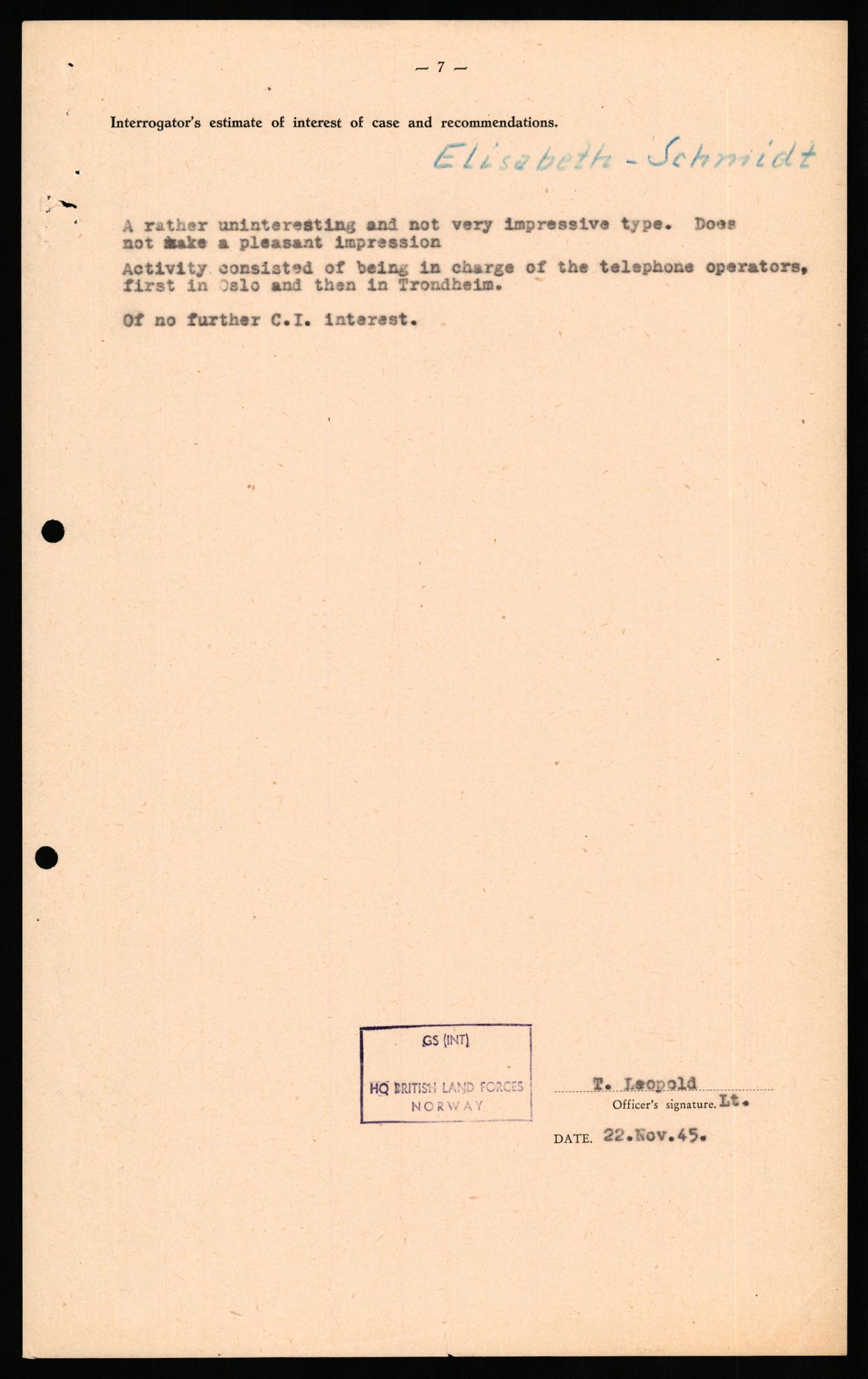 Forsvaret, Forsvarets overkommando II, RA/RAFA-3915/D/Db/L0029: CI Questionaires. Tyske okkupasjonsstyrker i Norge. Tyskere., 1945-1946, s. 381