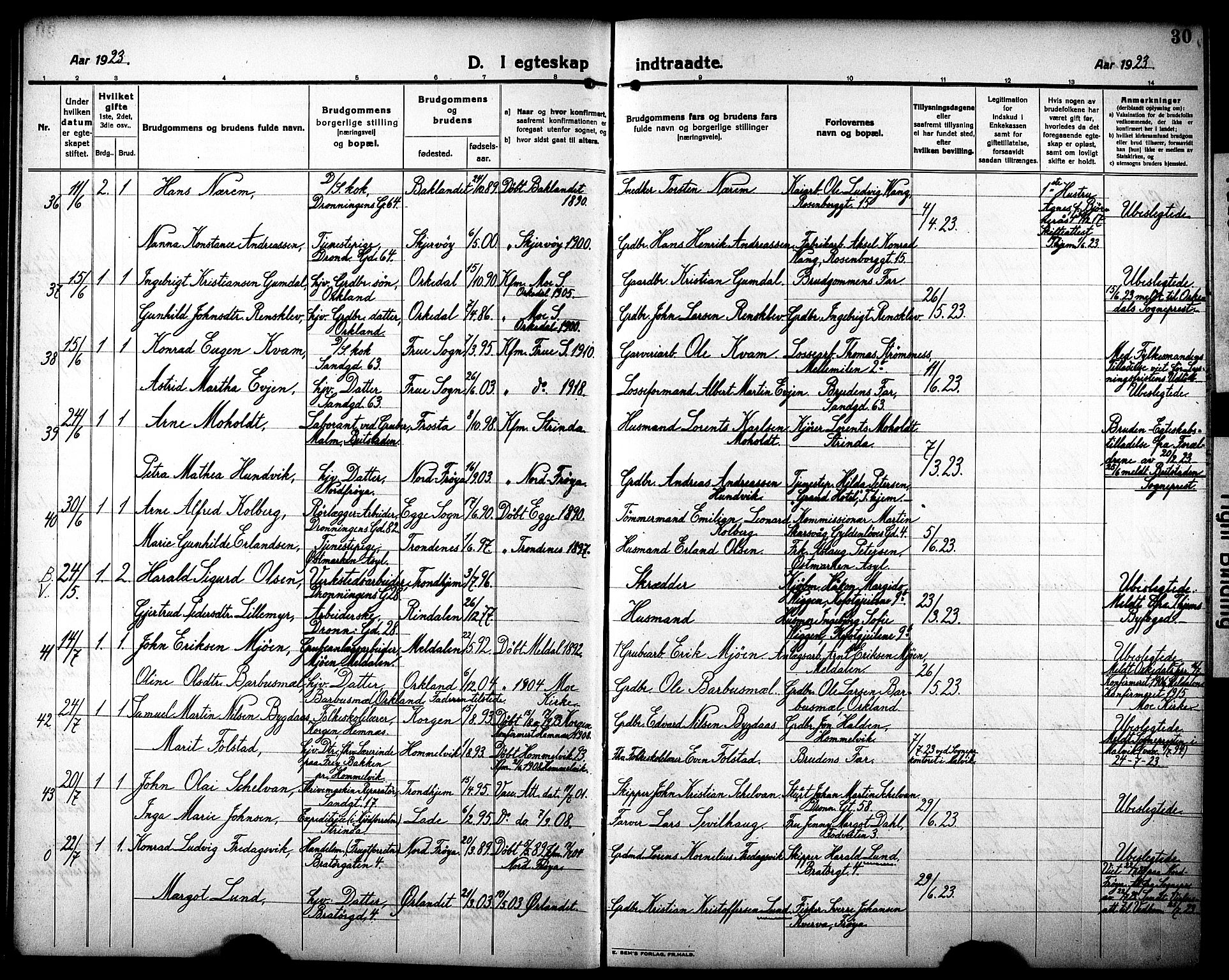 Ministerialprotokoller, klokkerbøker og fødselsregistre - Sør-Trøndelag, AV/SAT-A-1456/602/L0149: Klokkerbok nr. 602C17, 1919-1932, s. 30