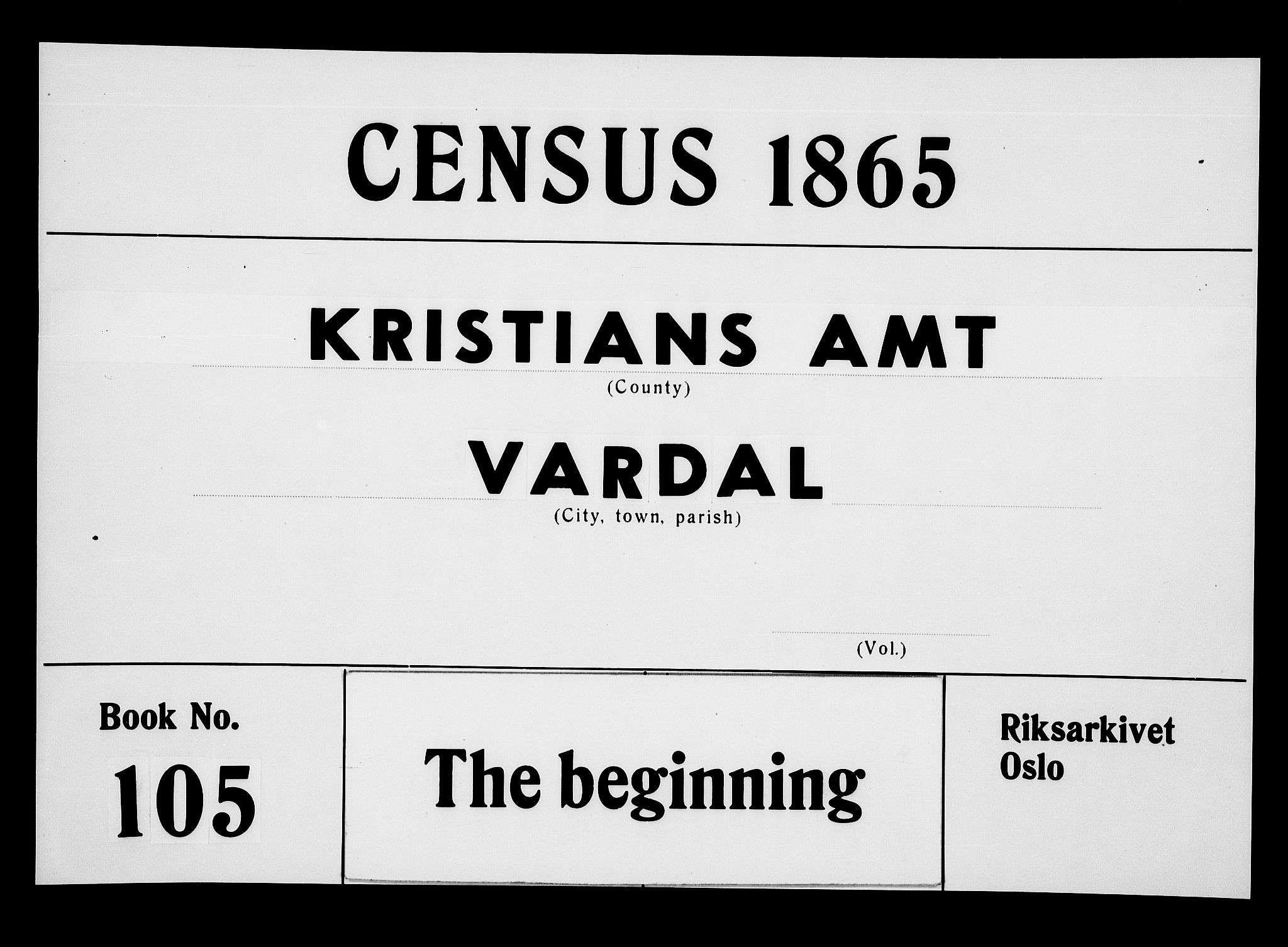 RA, Folketelling 1865 for 0527L Vardal prestegjeld, Vardal sokn og Hunn sokn, 1865, s. 1