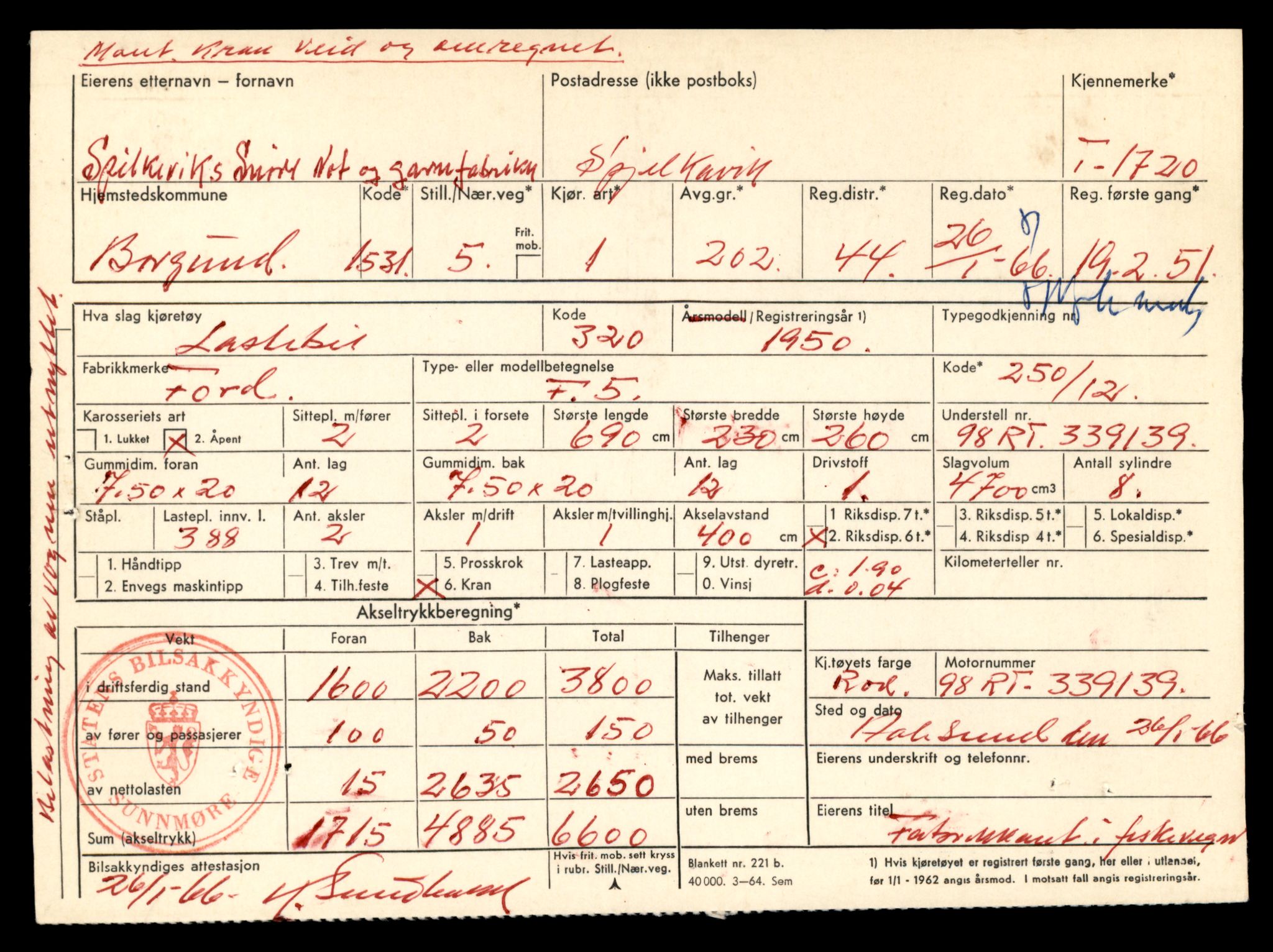 Møre og Romsdal vegkontor - Ålesund trafikkstasjon, SAT/A-4099/F/Fe/L0015: Registreringskort for kjøretøy T 1700 - T 1850, 1927-1998, s. 444