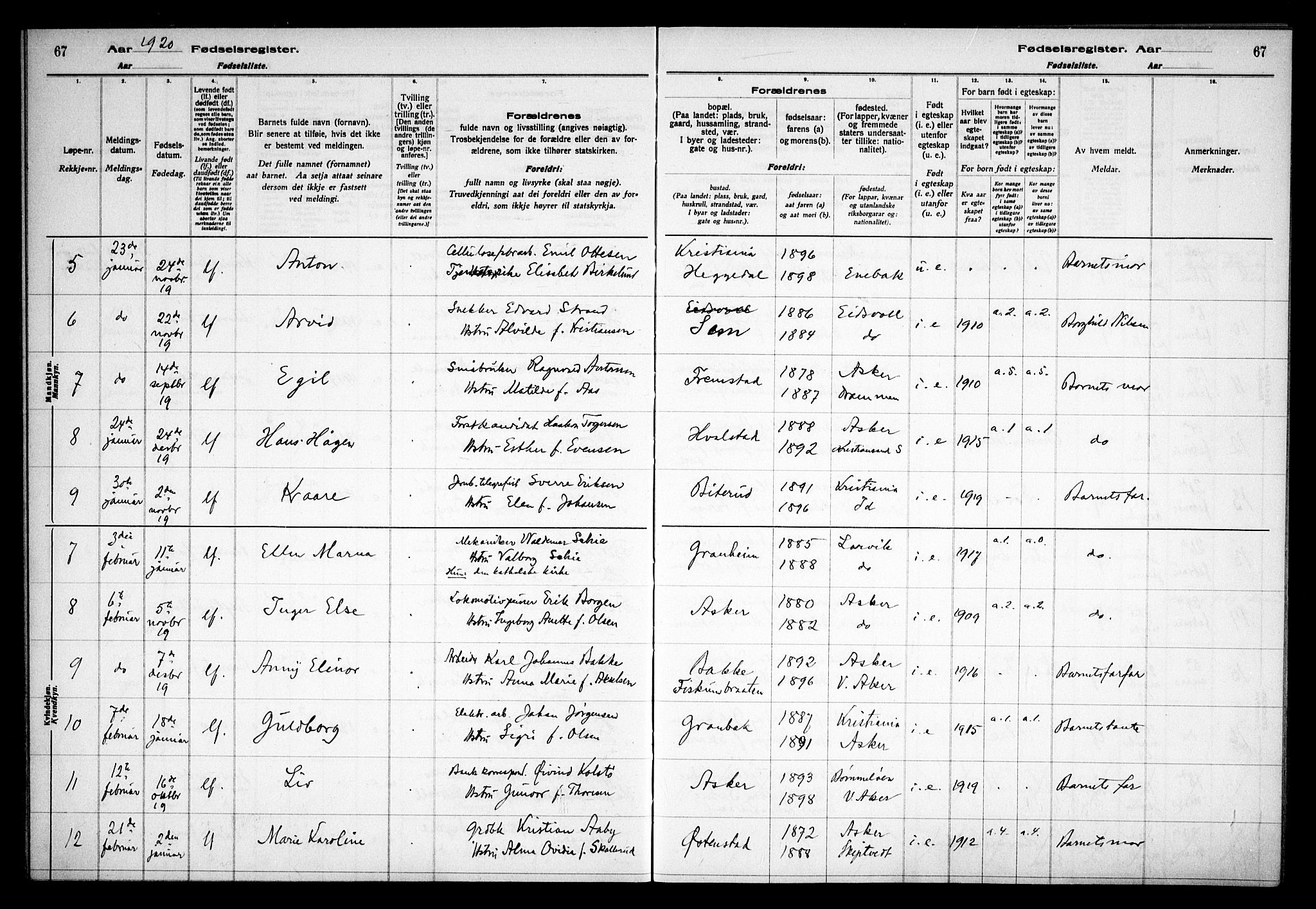 Asker prestekontor Kirkebøker, SAO/A-10256a/J/L0001: Fødselsregister nr. 1, 1916-1925, s. 67