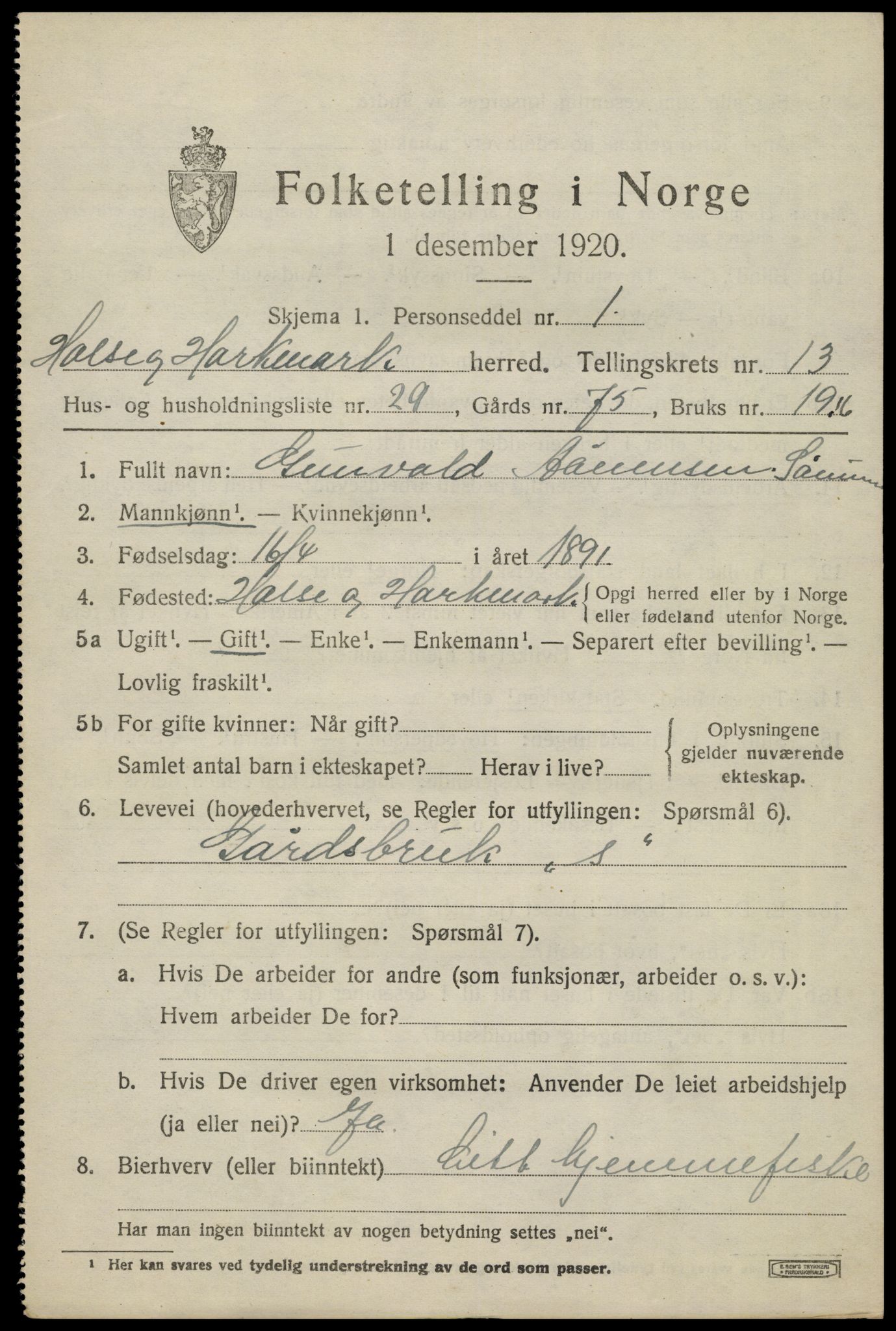 SAK, Folketelling 1920 for 1019 Halse og Harkmark herred, 1920, s. 7253