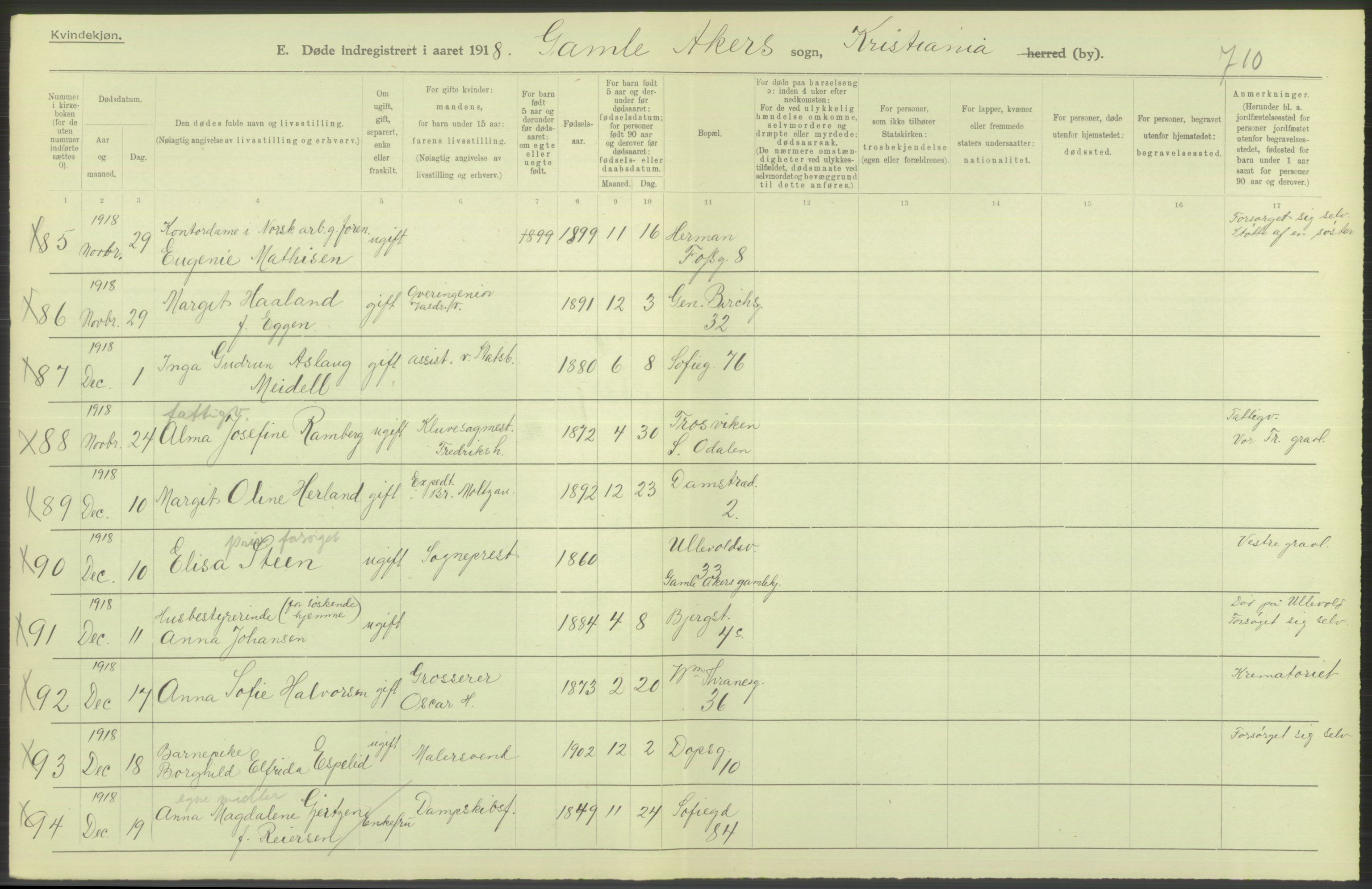 Statistisk sentralbyrå, Sosiodemografiske emner, Befolkning, AV/RA-S-2228/D/Df/Dfb/Dfbh/L0010: Kristiania: Døde, 1918, s. 366