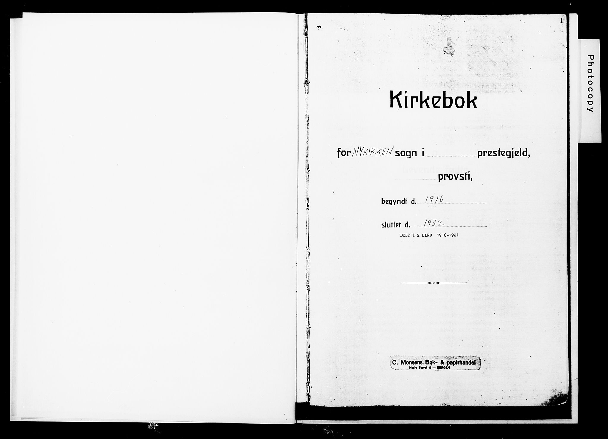 Nykirken Sokneprestembete, SAB/A-77101/H/Hab: Klokkerbok nr. B 7, 1916-1921, s. 1