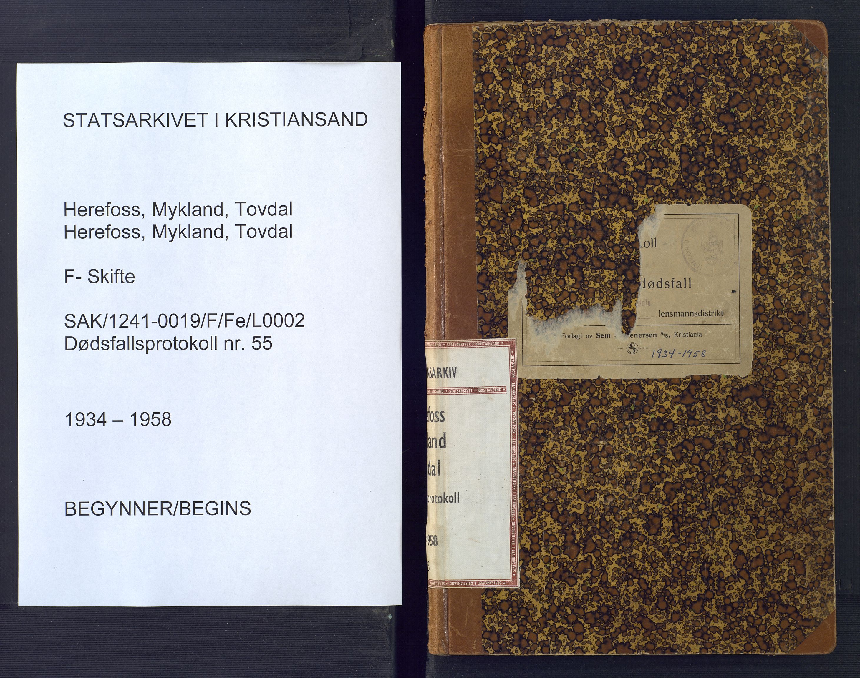 Herefoss Mykland Tovdal lensmannskontor, SAK/1241-0019/F/Fe/L0002: Dødsfallsprotokoll nr 55, 1934-1958