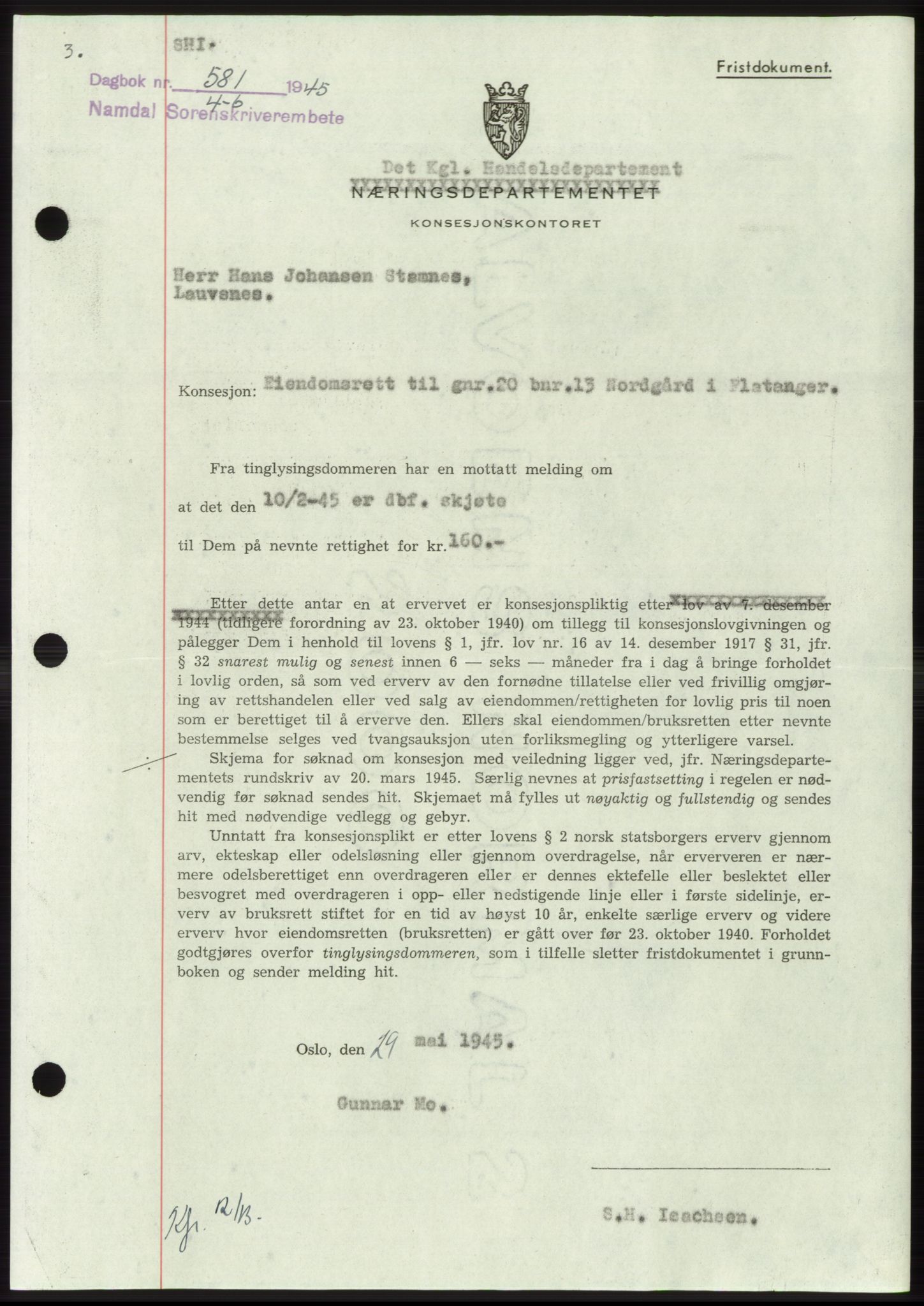 Namdal sorenskriveri, SAT/A-4133/1/2/2C: Pantebok nr. -, 1944-1945, Dagboknr: 581/1945