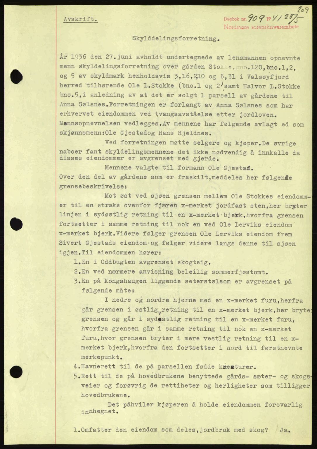 Nordmøre sorenskriveri, SAT/A-4132/1/2/2Ca: Pantebok nr. A90, 1941-1941, Dagboknr: 909/1941