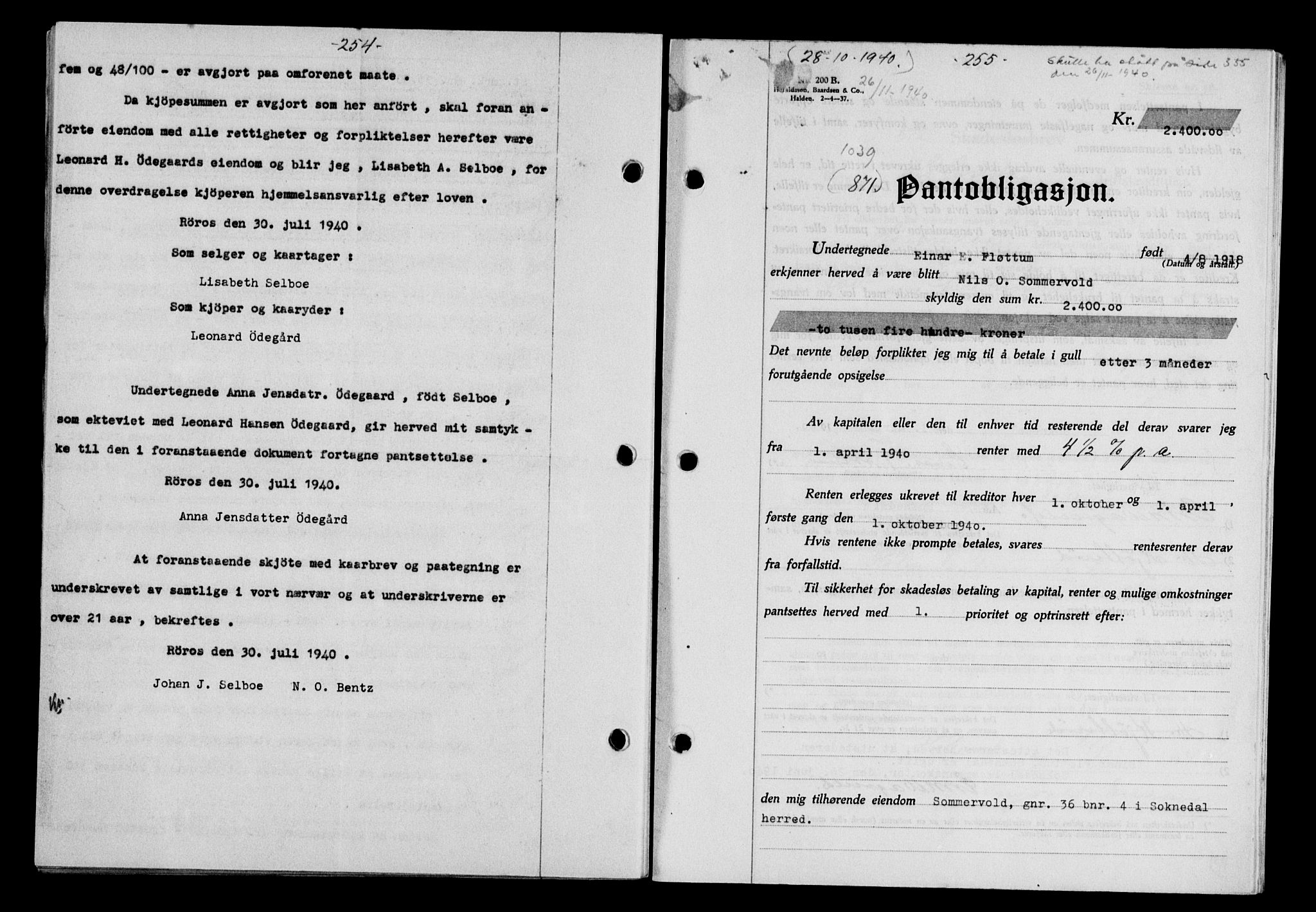 Gauldal sorenskriveri, SAT/A-0014/1/2/2C/L0052: Pantebok nr. 57, 1940-1941, Dagboknr: 871/1940