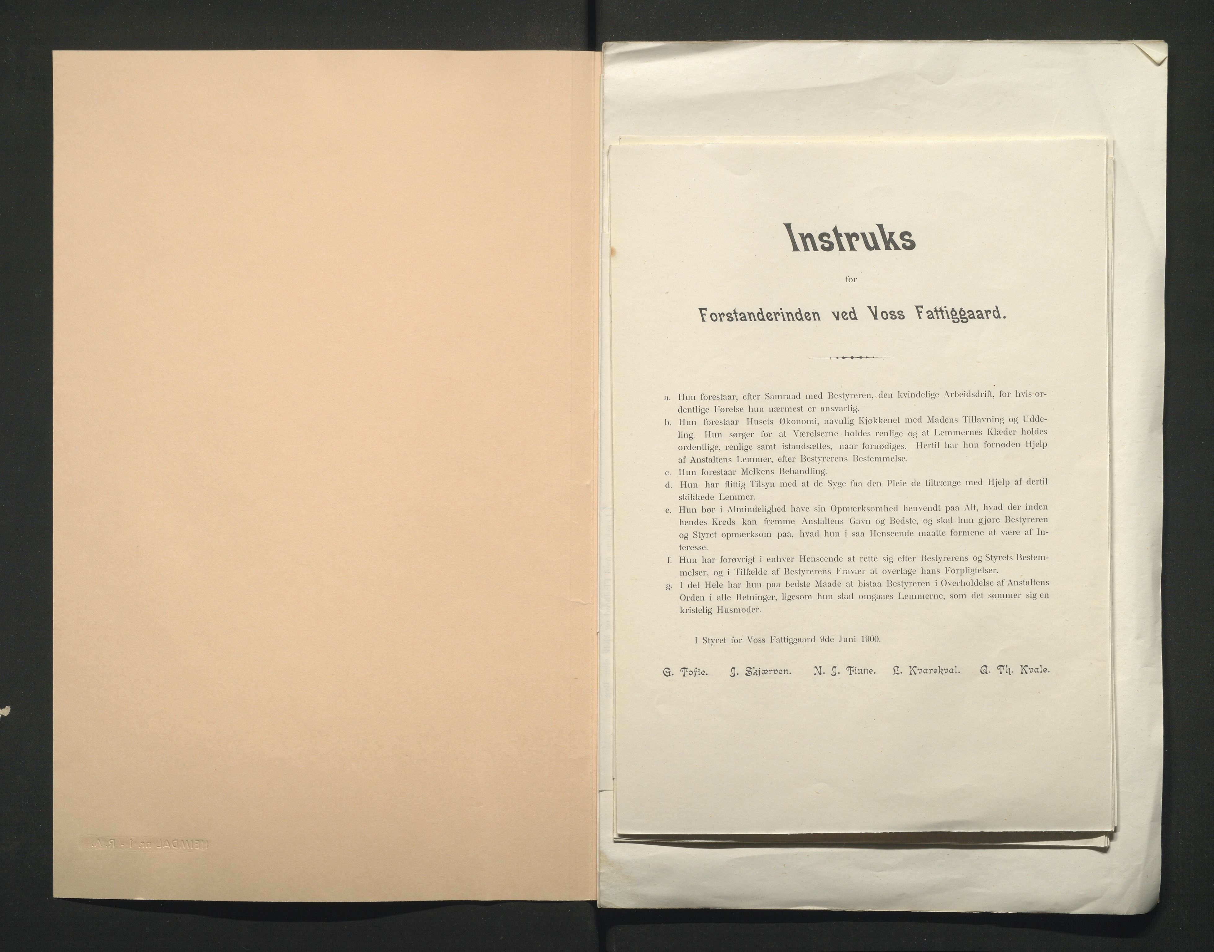 Voss kommune. Voss fattiggard / Heradsgarden , IKAH/1235-321/D/Da/L0001/0001: Saksarkiv / Instruks for bestyreren v/ Voss Fattiggard, 1900