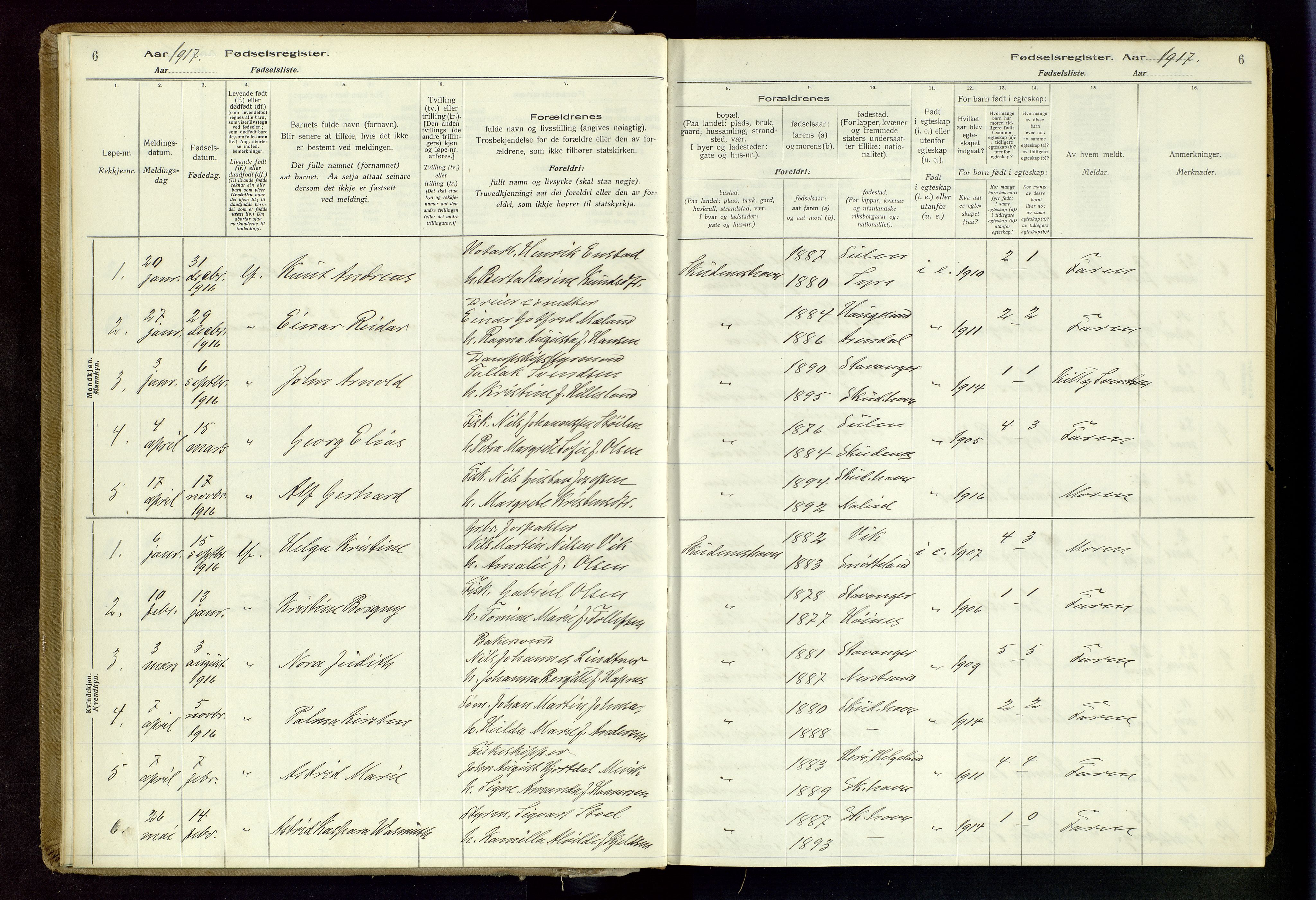 Skudenes sokneprestkontor, AV/SAST-A -101849/I/Id/L0003: Fødselsregister nr. 3, 1916-1964, s. 6