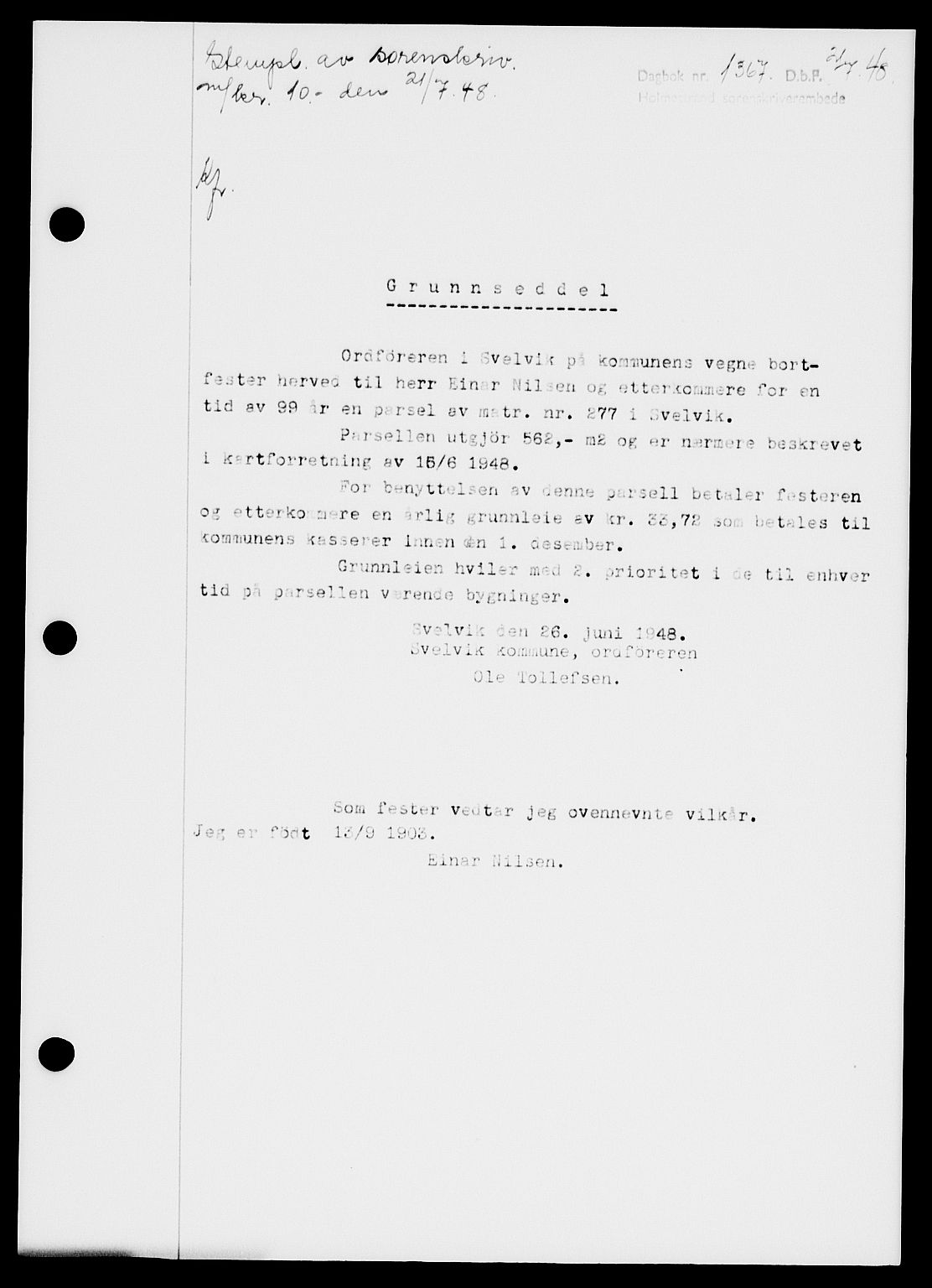 Holmestrand sorenskriveri, SAKO/A-67/G/Ga/Gaa/L0064: Pantebok nr. A-64, 1948-1948, Dagboknr: 1367/1948