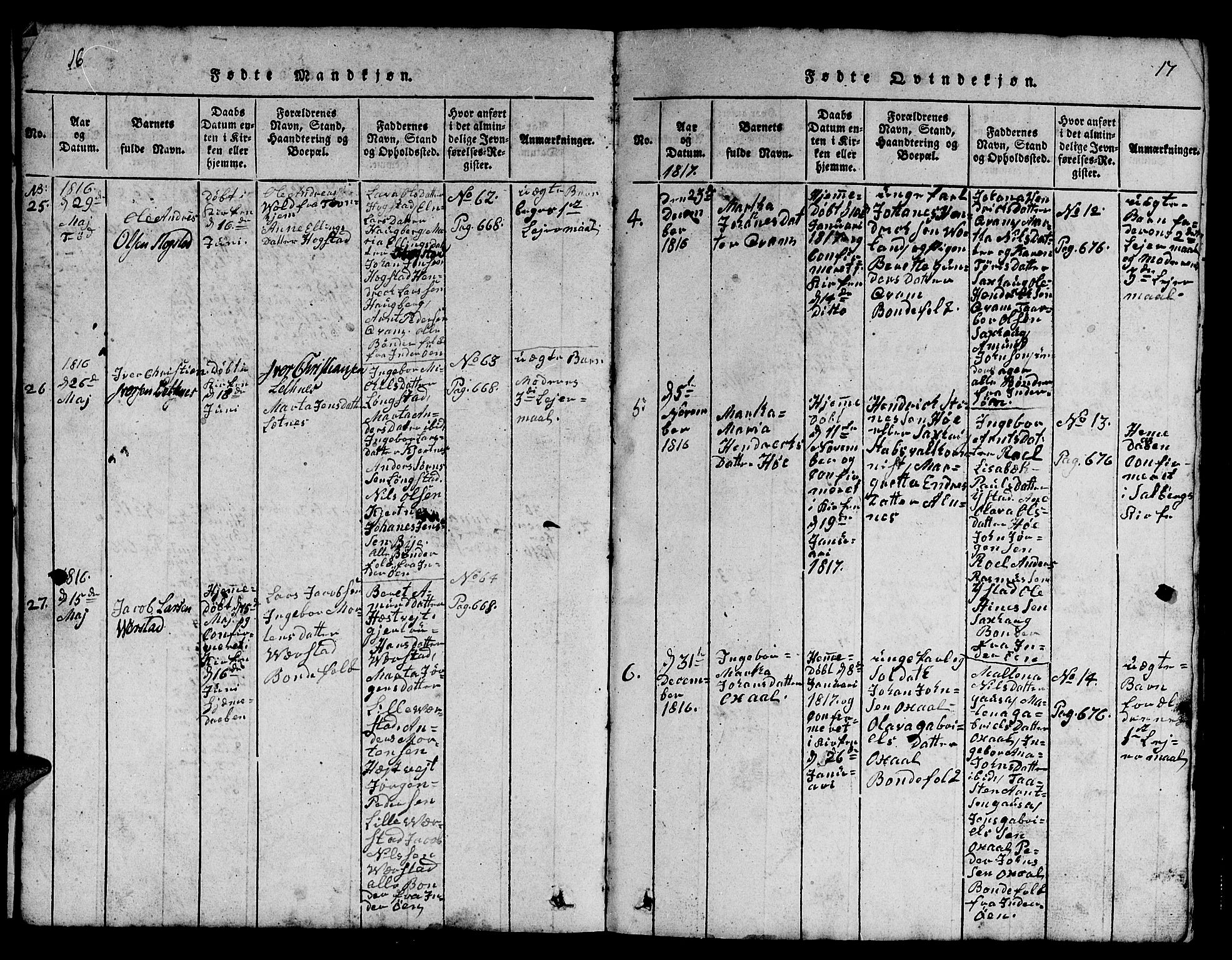 Ministerialprotokoller, klokkerbøker og fødselsregistre - Nord-Trøndelag, SAT/A-1458/730/L0298: Klokkerbok nr. 730C01, 1816-1849, s. 16-17