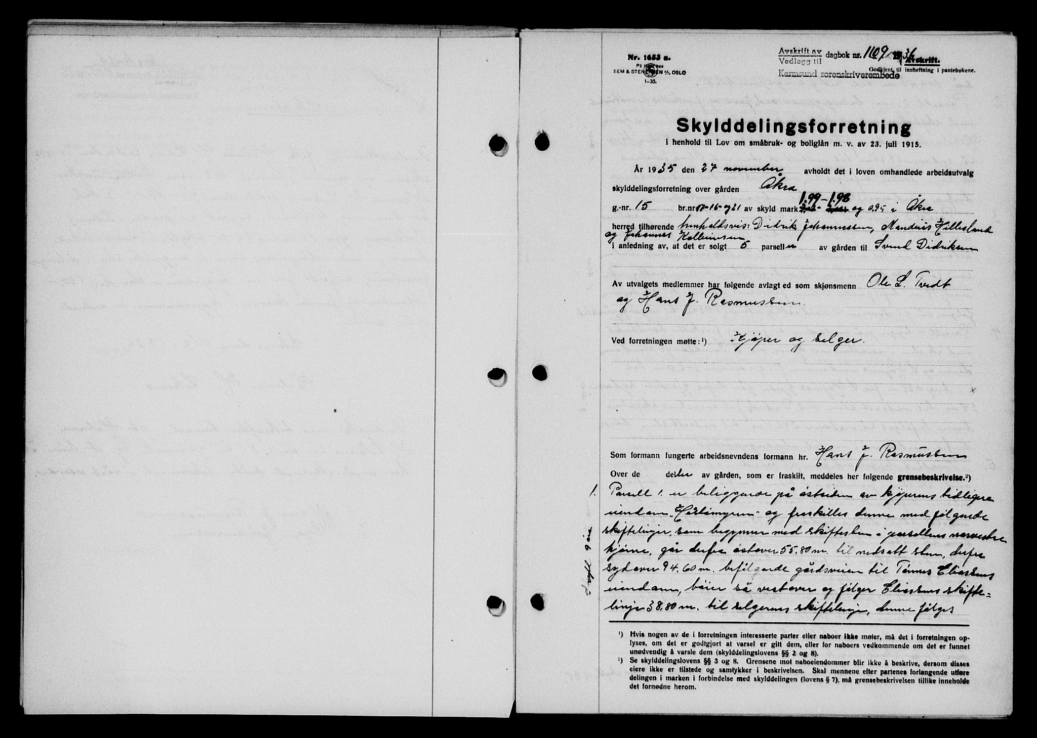 Karmsund sorenskriveri, SAST/A-100311/01/II/IIB/L0066: Pantebok nr. 47A, 1936-1936, Dagboknr: 1109/1936