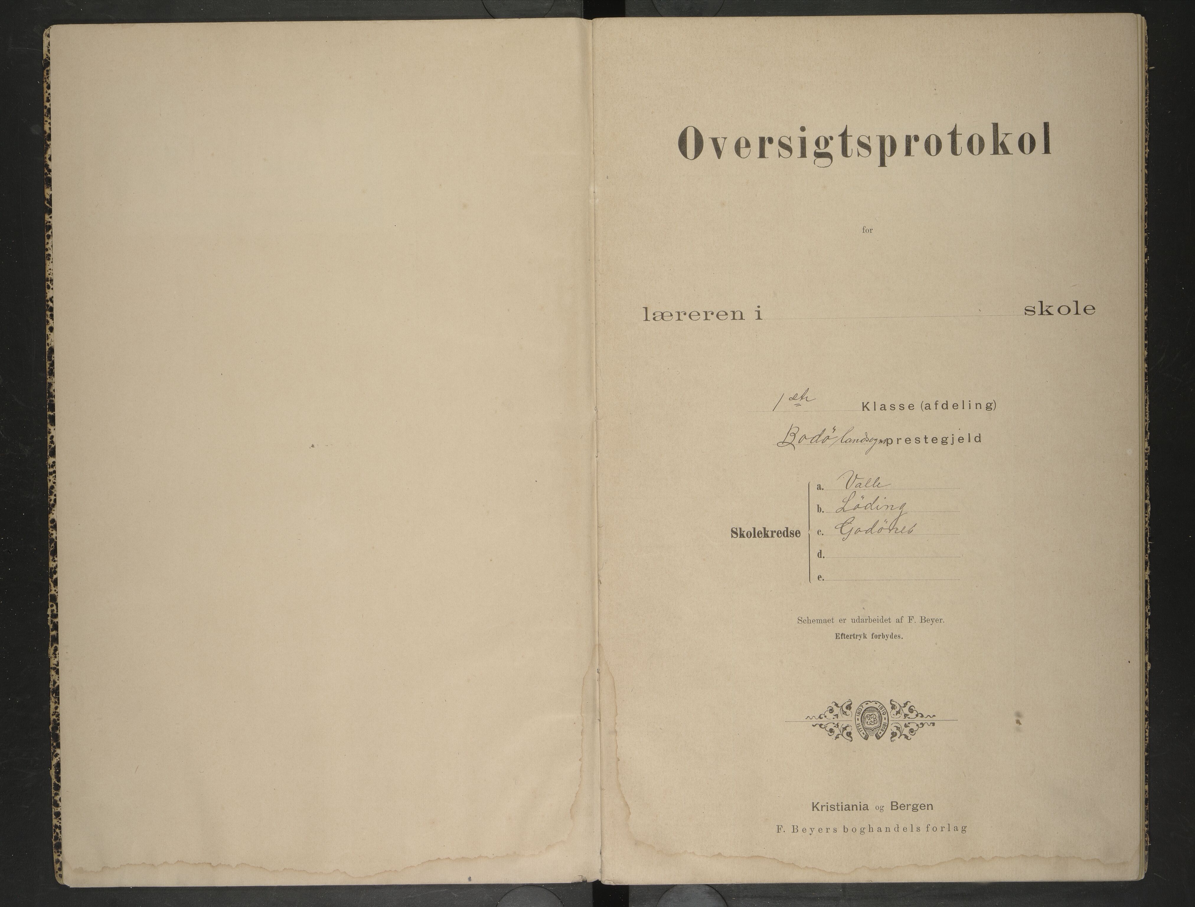 Bodin kommune. Ymse skolekretser/skoler, AIN/K-18431.510.12/F/Fa/L0015: Oversiktsprotokoll. Godøynes, Løding, Valle, 1893-1899