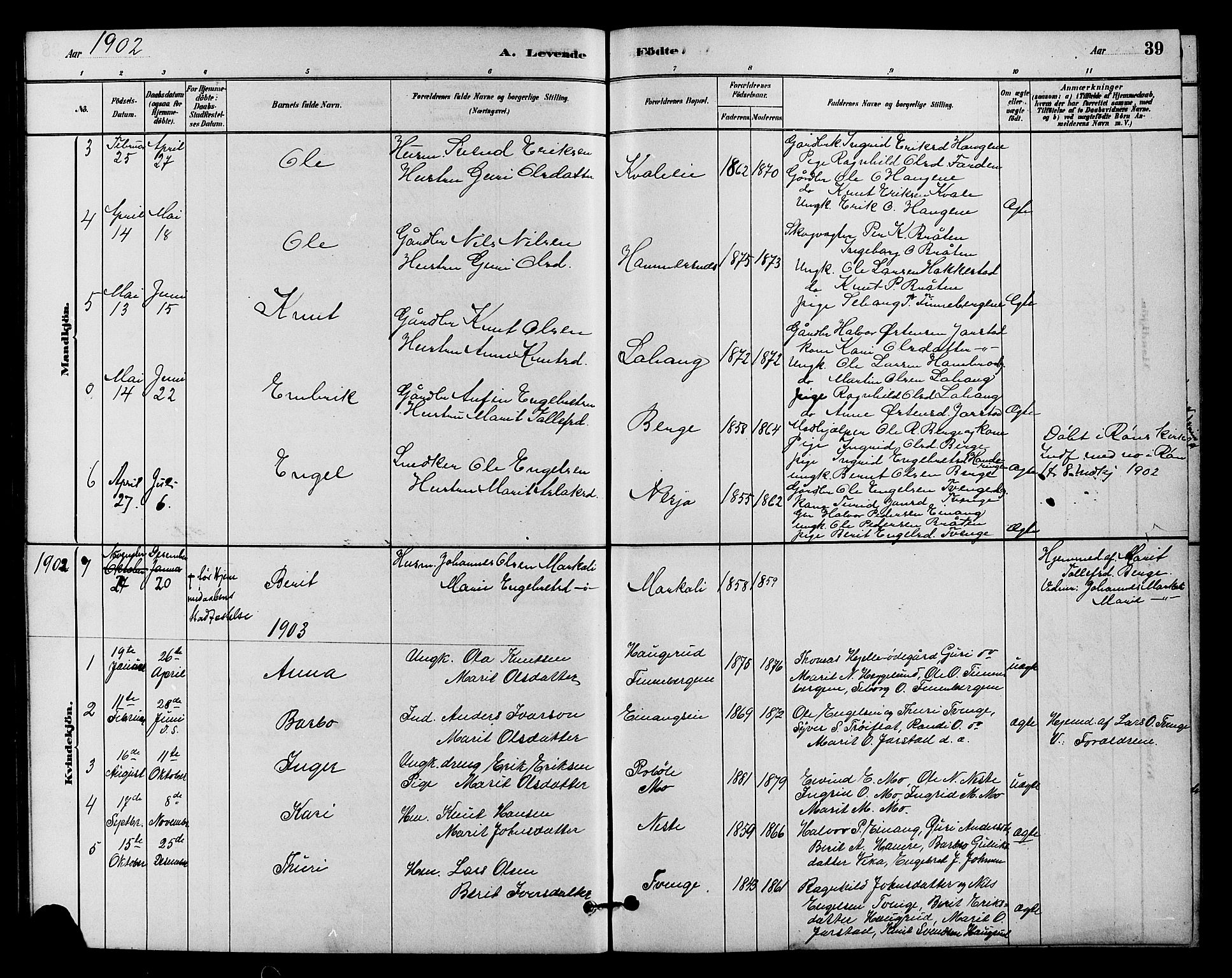 Vestre Slidre prestekontor, AV/SAH-PREST-136/H/Ha/Hab/L0004: Klokkerbok nr. 4, 1881-1912, s. 39