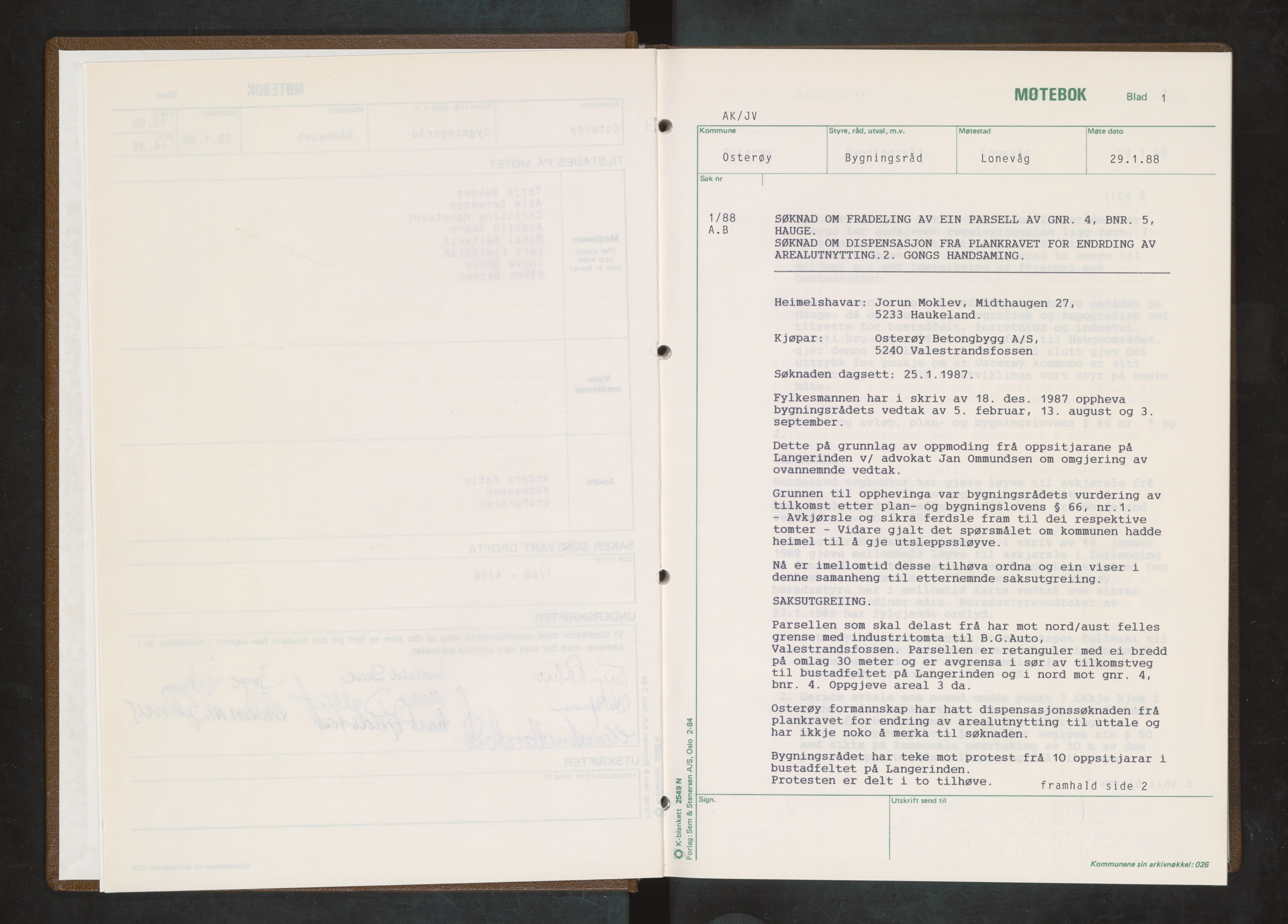 Osterøy kommune. Bygningsrådet, IKAH/1253b-511/A/Aa/L0022: Møtebok Osterøy bygningsråd, 1988