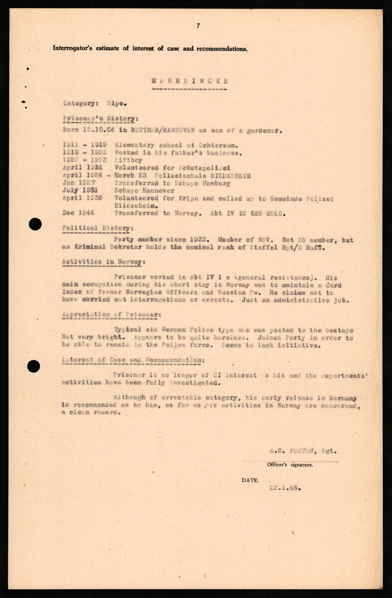 Forsvaret, Forsvarets overkommando II, RA/RAFA-3915/D/Db/L0021: CI Questionaires. Tyske okkupasjonsstyrker i Norge. Tyskere., 1945-1946, s. 155