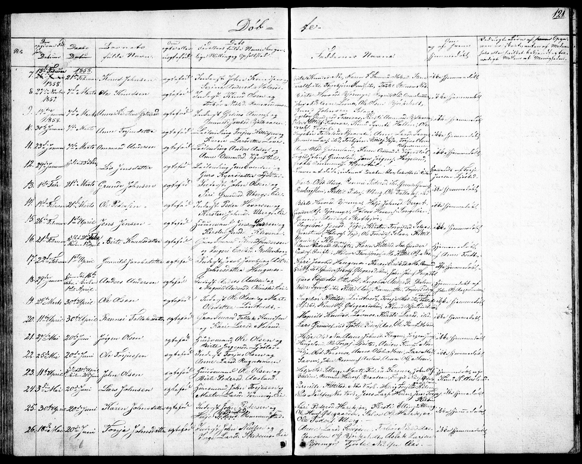 Gjerstad sokneprestkontor, AV/SAK-1111-0014/F/Fb/Fbb/L0002: Klokkerbok nr. B 2, 1831-1862, s. 121