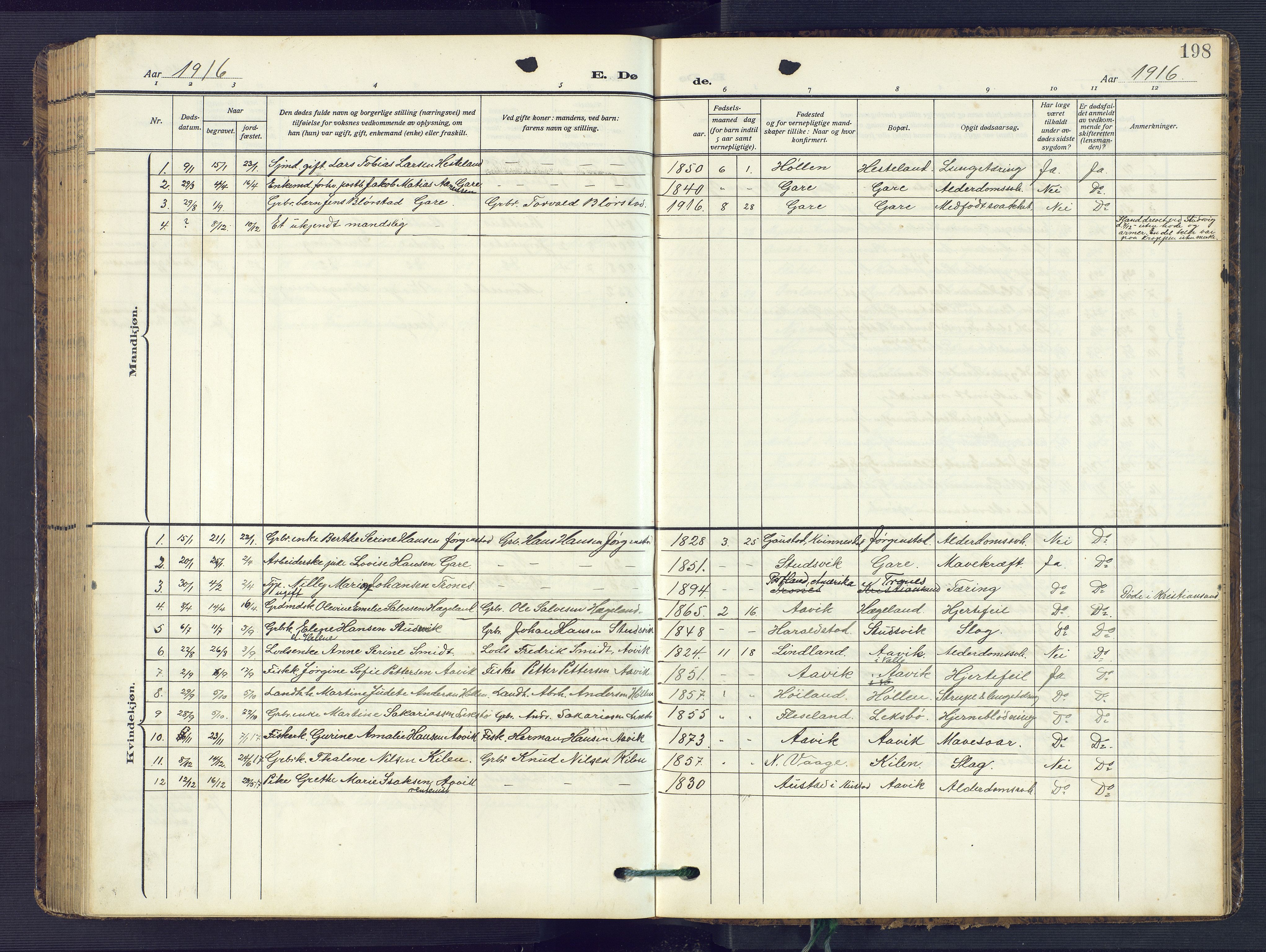 Sør-Audnedal sokneprestkontor, AV/SAK-1111-0039/F/Fb/Fba/L0005: Klokkerbok nr. B 5, 1908-1963, s. 198