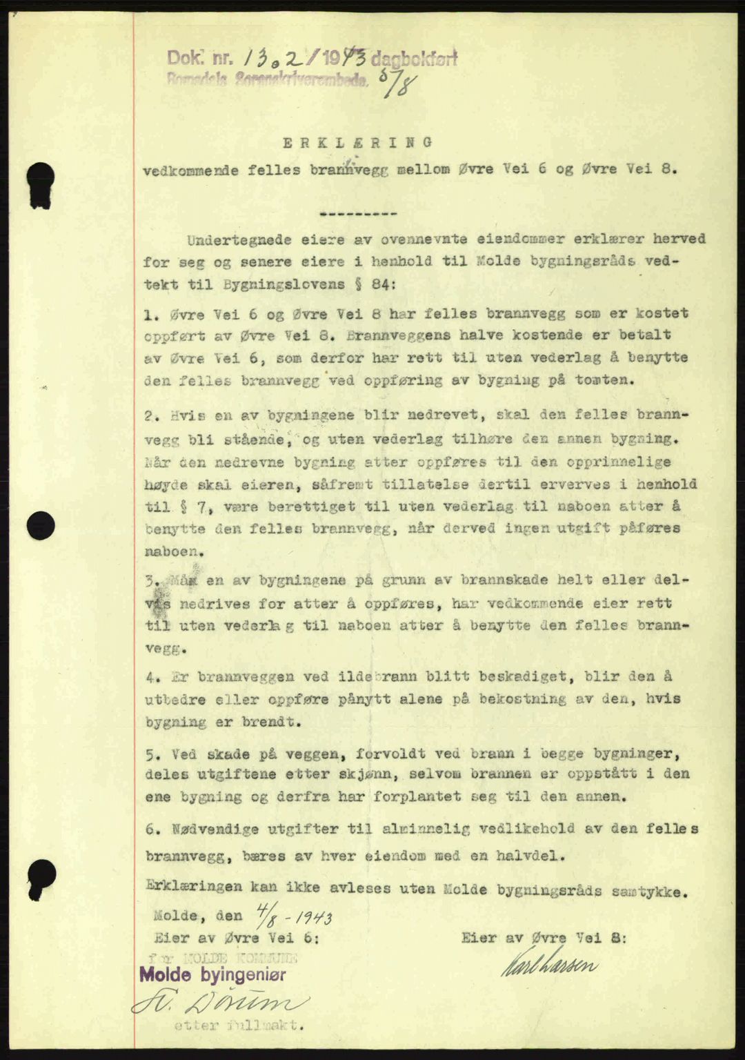 Romsdal sorenskriveri, SAT/A-4149/1/2/2C: Pantebok nr. B2, 1939-1945, Dagboknr: 1302/1943