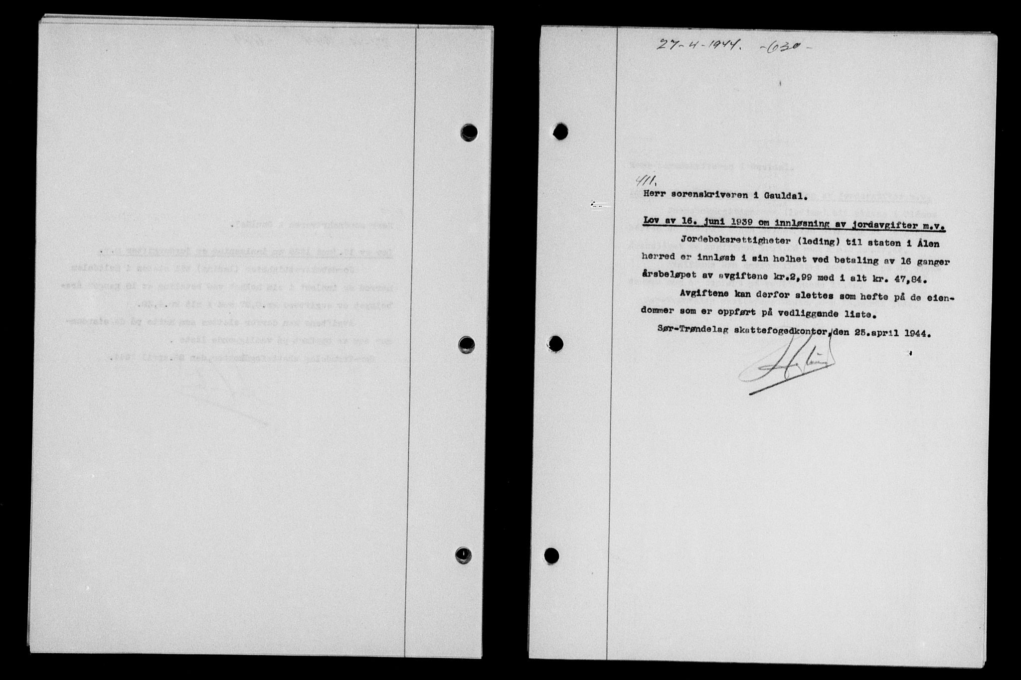 Gauldal sorenskriveri, SAT/A-0014/1/2/2C/L0057: Pantebok nr. 62, 1943-1944, Dagboknr: 411/1944