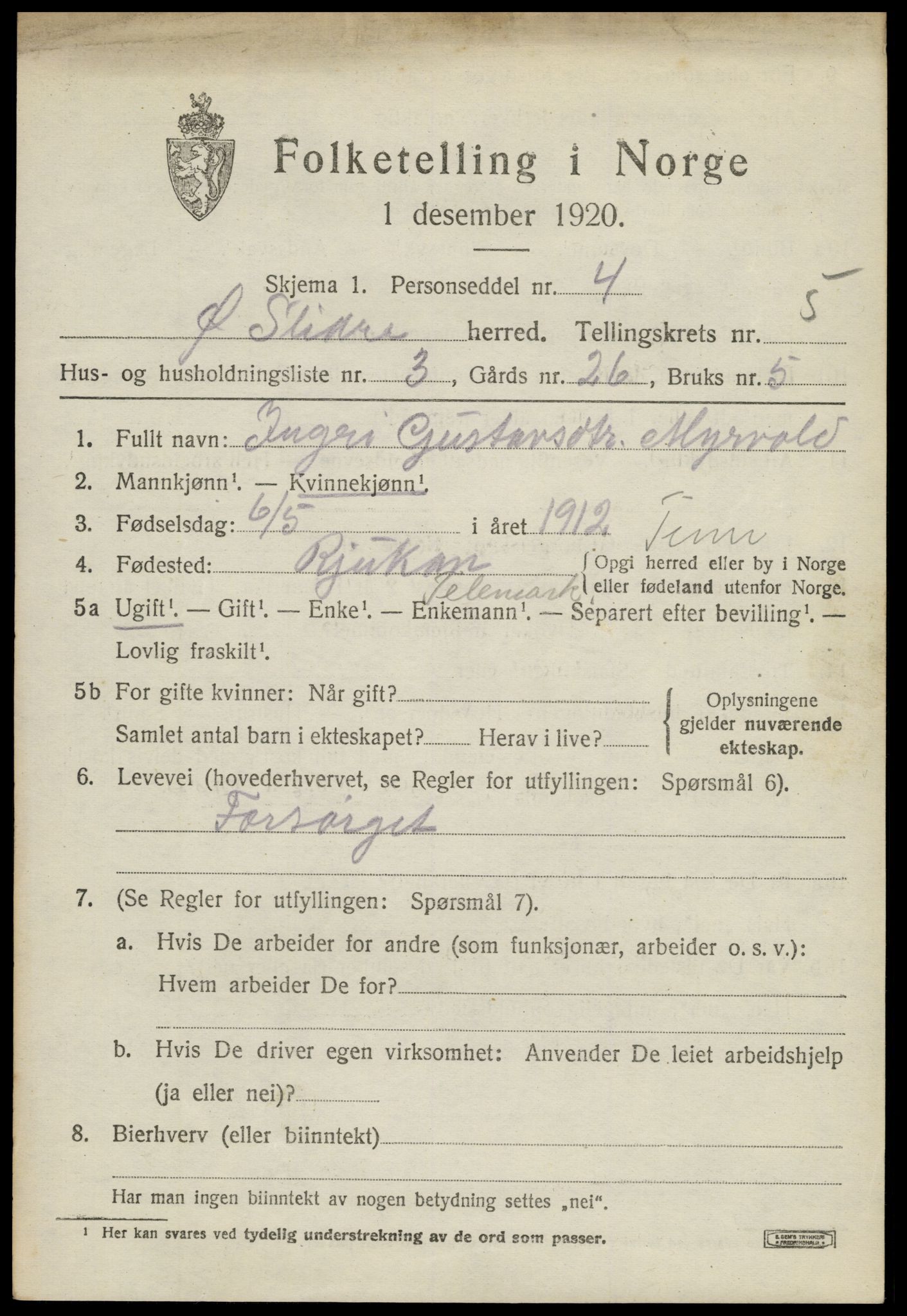 SAH, Folketelling 1920 for 0544 Øystre Slidre herred, 1920, s. 2885