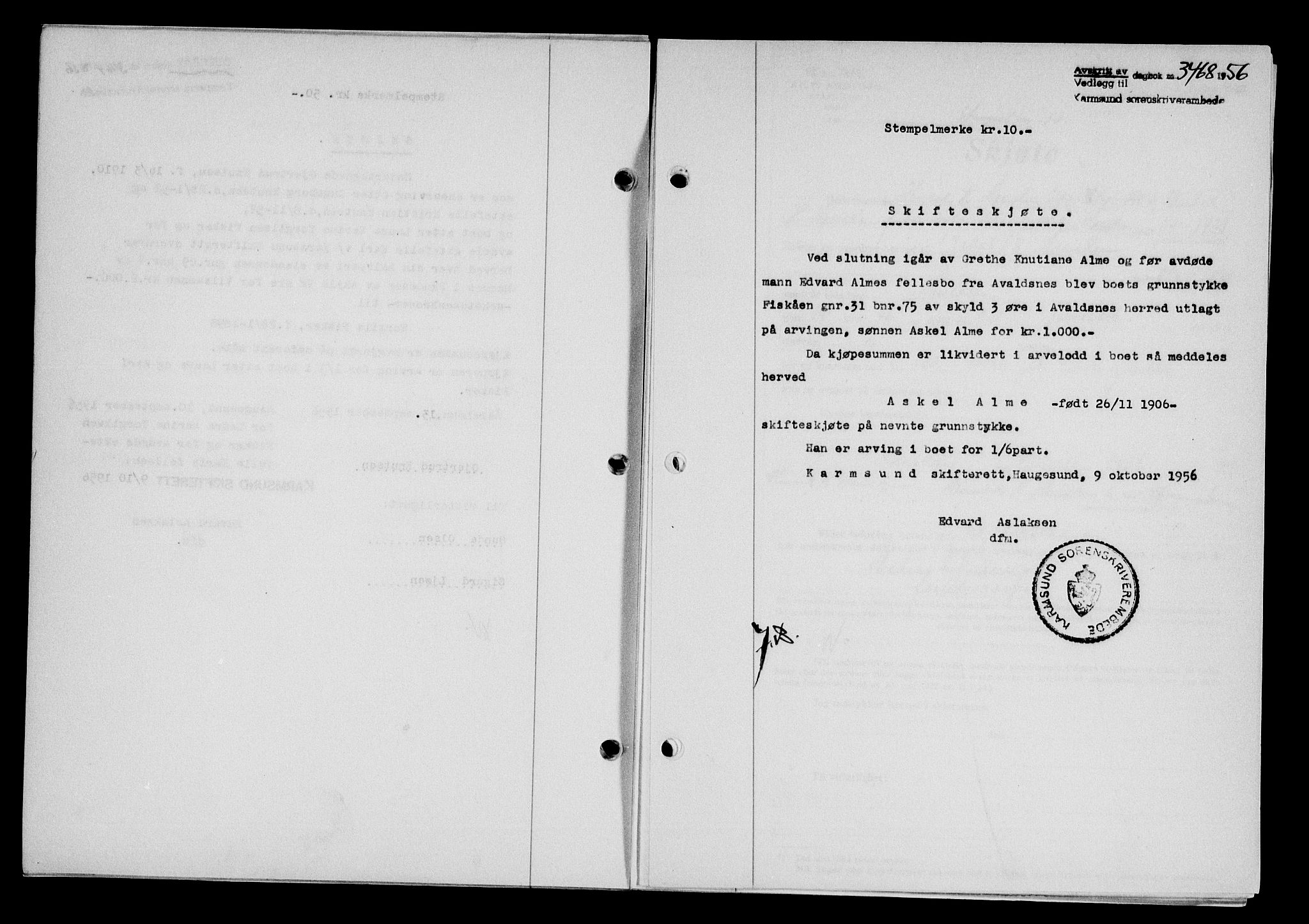 Karmsund sorenskriveri, SAST/A-100311/01/II/IIB/L0121: Pantebok nr. 101A, 1956-1956, Dagboknr: 3468/1956