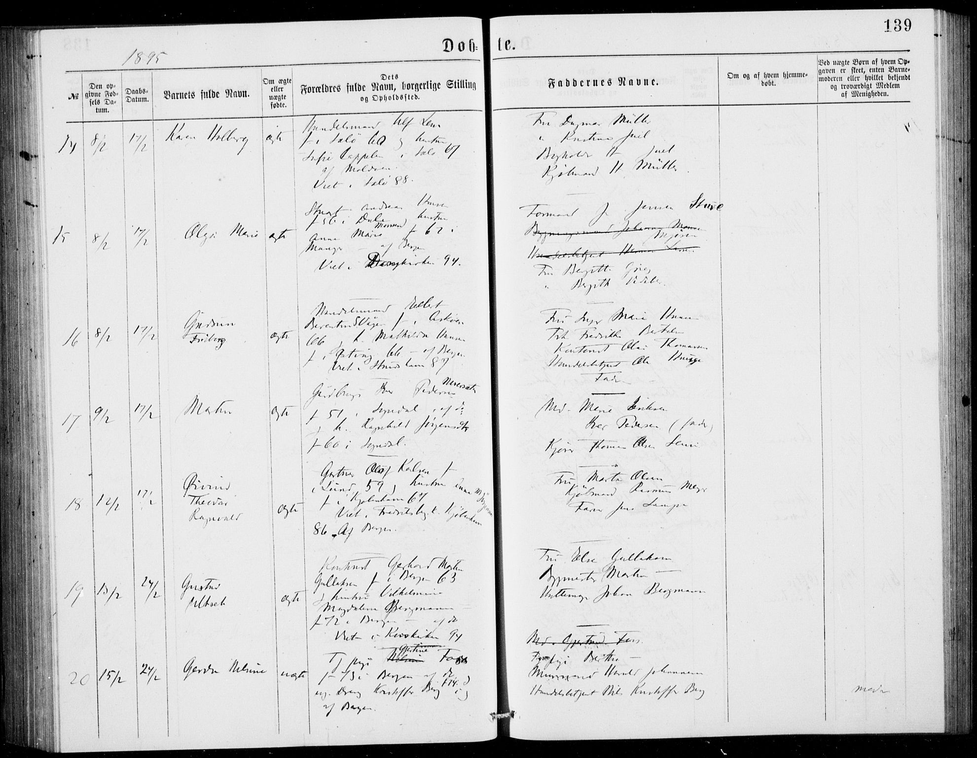 Fødselsstiftelsens sokneprestembete, ført av overlegen*, SAB/-: Ministerialbok nr. A 2, 1884-1900, s. 139