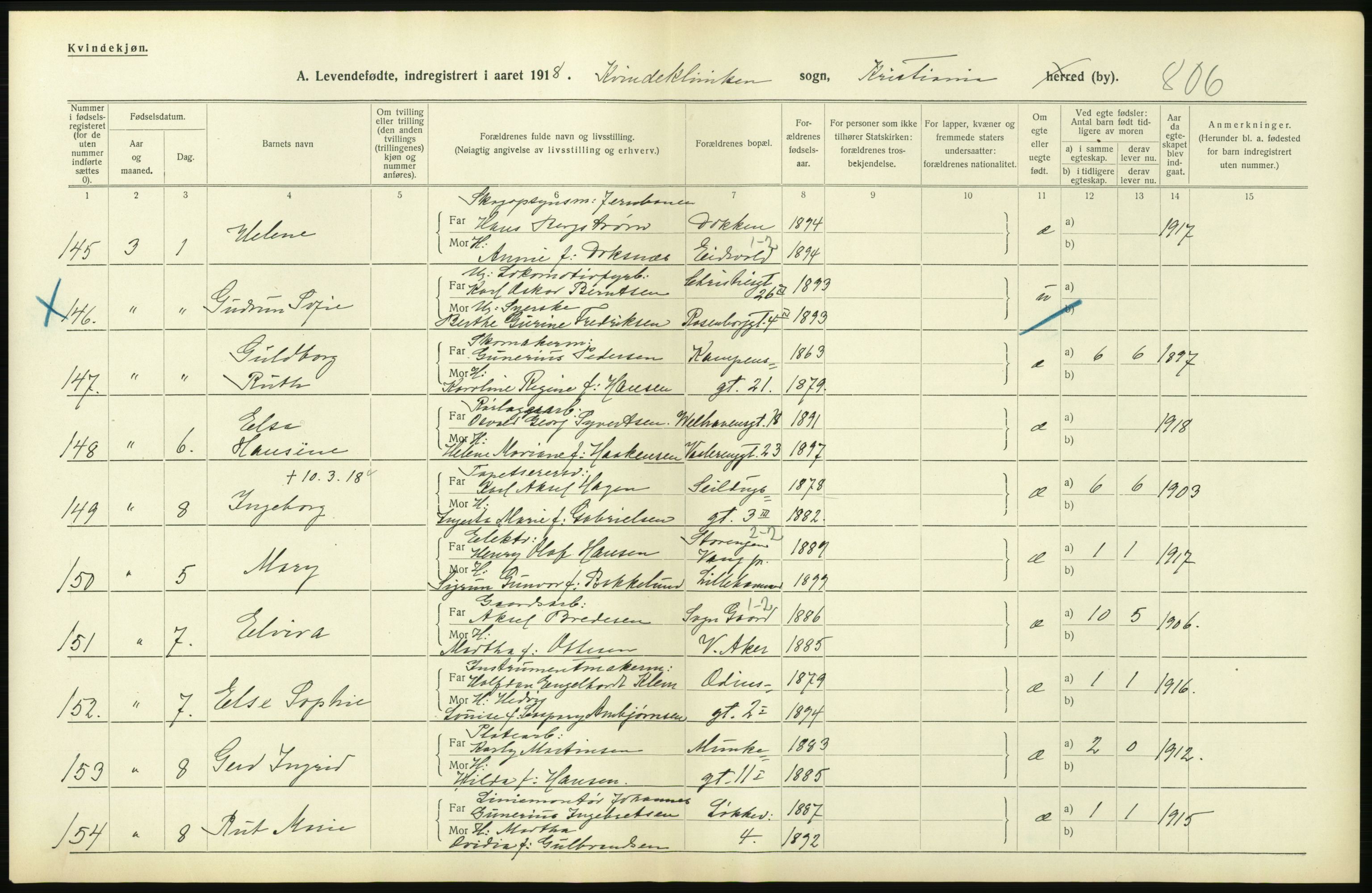 Statistisk sentralbyrå, Sosiodemografiske emner, Befolkning, AV/RA-S-2228/D/Df/Dfb/Dfbh/L0007: Kristiania: Levendefødte menn og kvinner., 1918, s. 52