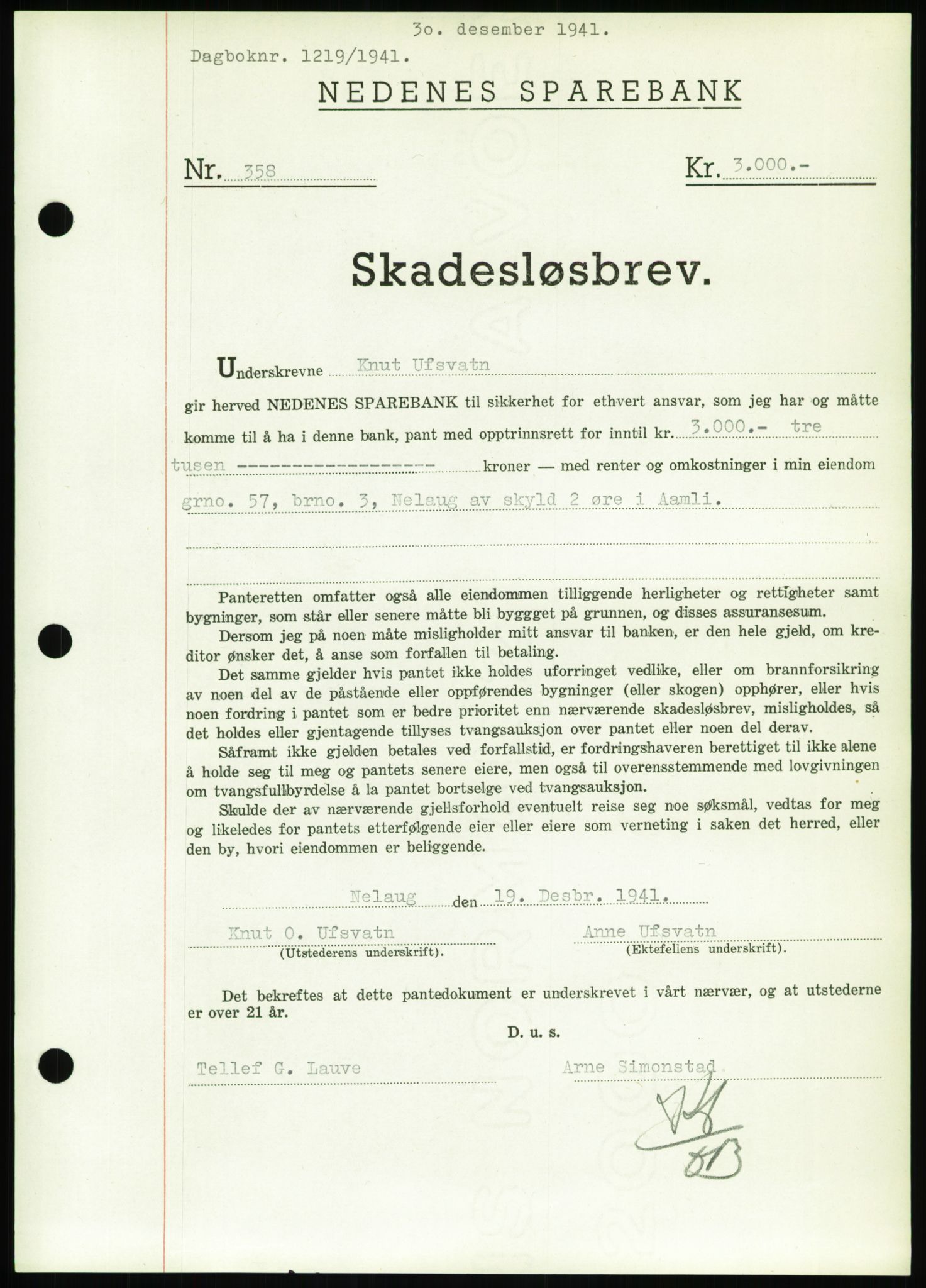 Nedenes sorenskriveri, SAK/1221-0006/G/Gb/Gbb/L0001: Pantebok nr. I, 1939-1942, Dagboknr: 1219/1941