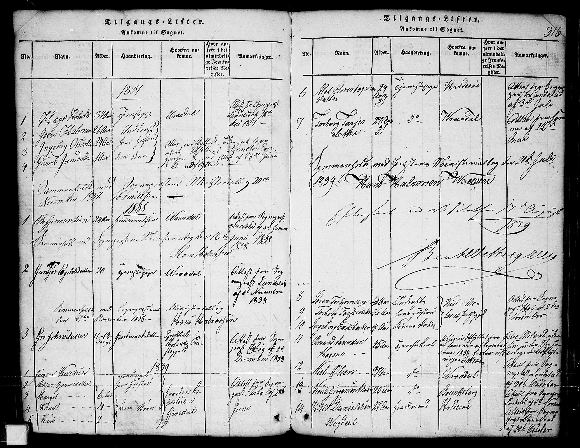 Nissedal kirkebøker, AV/SAKO-A-288/G/Ga/L0001: Klokkerbok nr. I 1, 1814-1860, s. 316