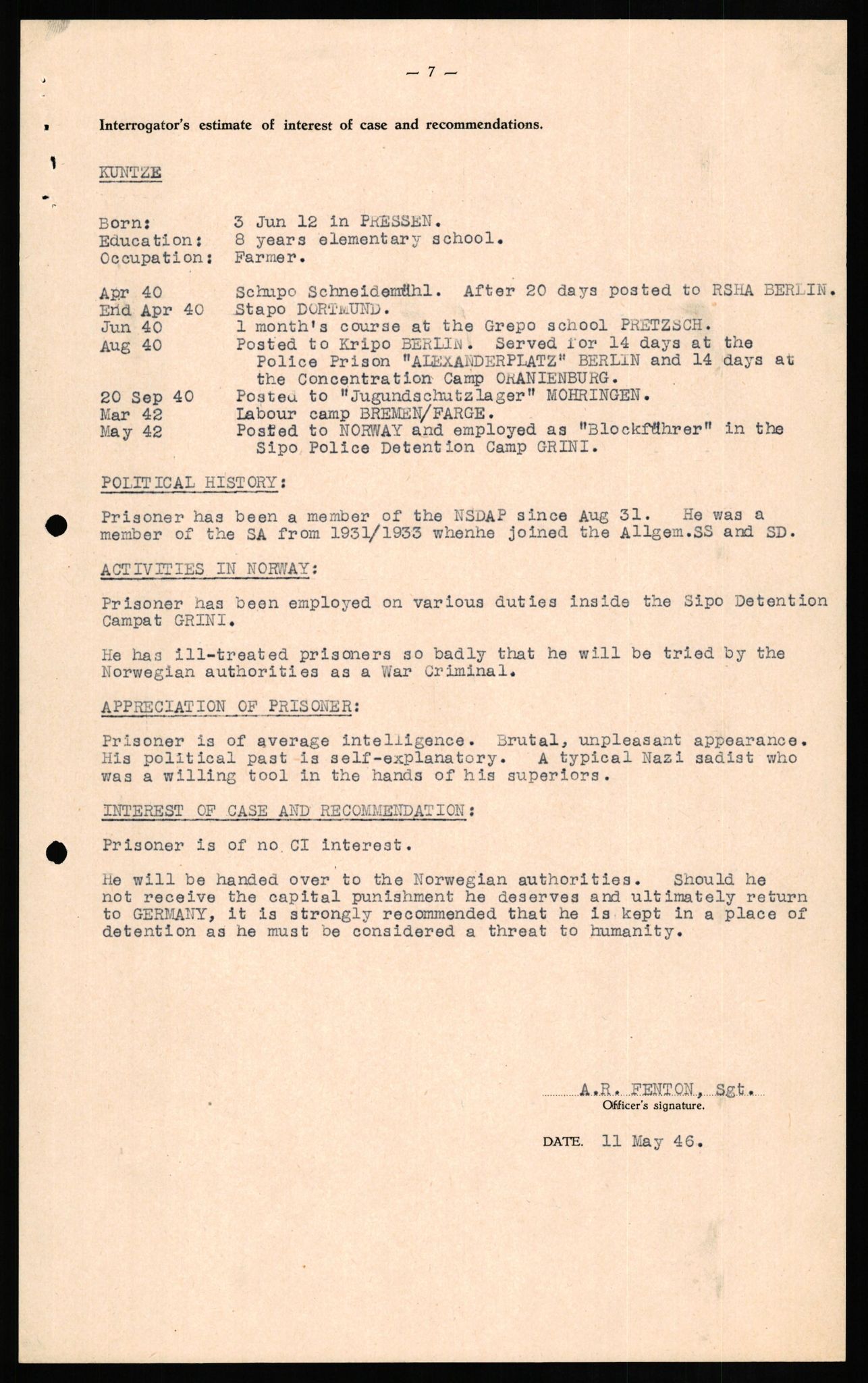 Forsvaret, Forsvarets overkommando II, AV/RA-RAFA-3915/D/Db/L0018: CI Questionaires. Tyske okkupasjonsstyrker i Norge. Tyskere., 1945-1946, s. 493