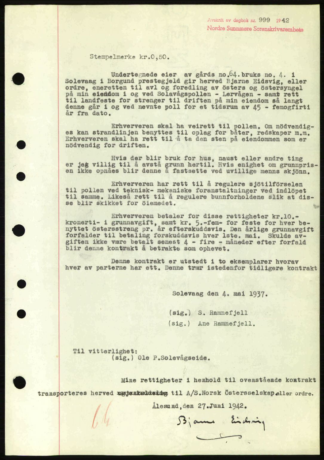 Nordre Sunnmøre sorenskriveri, SAT/A-0006/1/2/2C/2Ca: Pantebok nr. A13, 1942-1942, Dagboknr: 999/1942