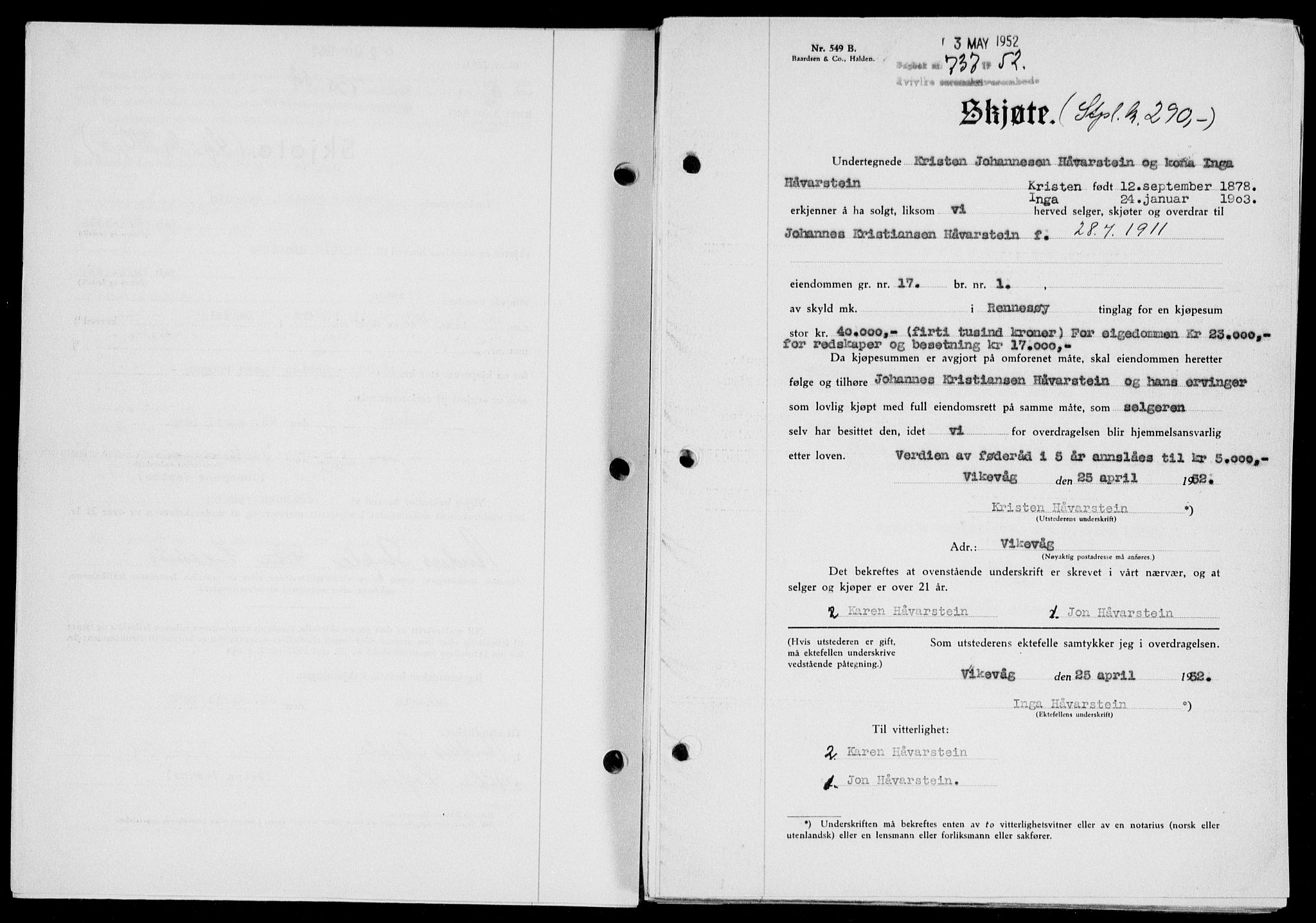 Ryfylke tingrett, SAST/A-100055/001/II/IIB/L0116: Pantebok nr. 95, 1951-1952, Dagboknr: 737/1952