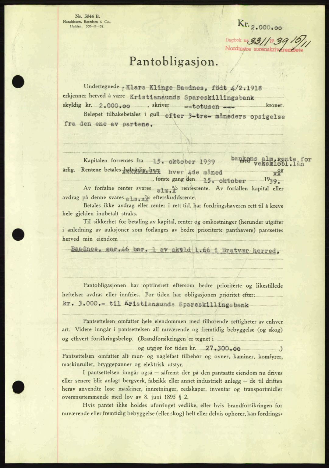 Nordmøre sorenskriveri, AV/SAT-A-4132/1/2/2Ca: Pantebok nr. B86, 1939-1940, Dagboknr: 3302/1939