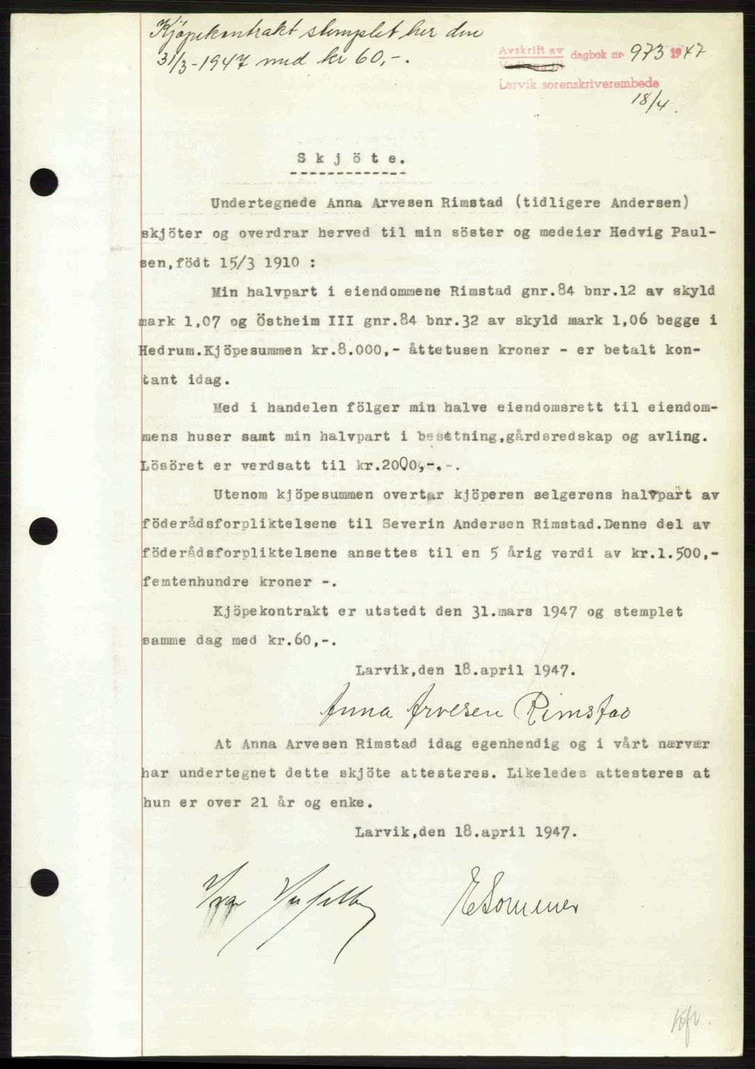 Larvik sorenskriveri, SAKO/A-83/G/Ga/Gab/L0083: Pantebok nr. A-17, 1946-1947, Dagboknr: 973/1947
