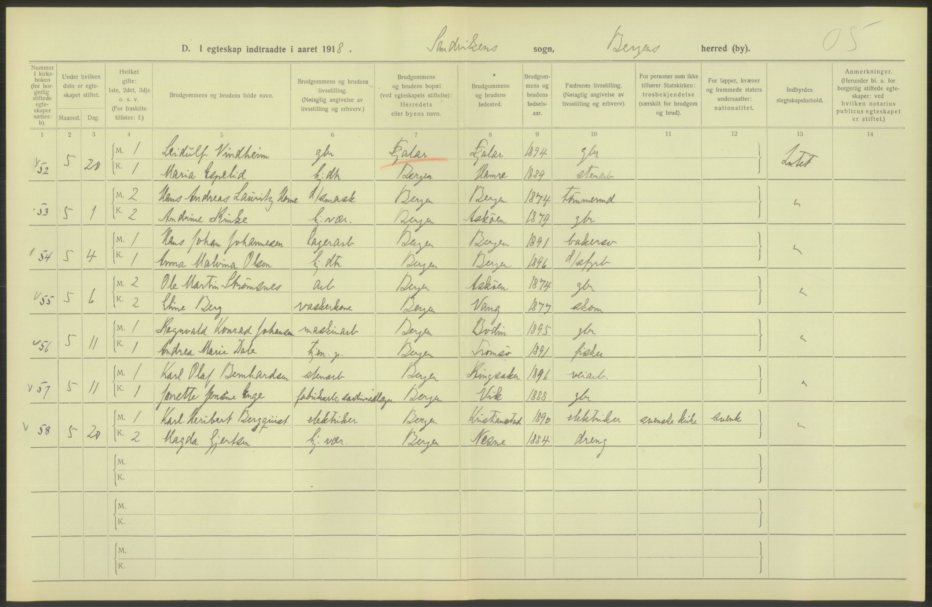 Statistisk sentralbyrå, Sosiodemografiske emner, Befolkning, AV/RA-S-2228/D/Df/Dfb/Dfbh/L0038: Bergen: Gifte, dødfødte., 1918, s. 72