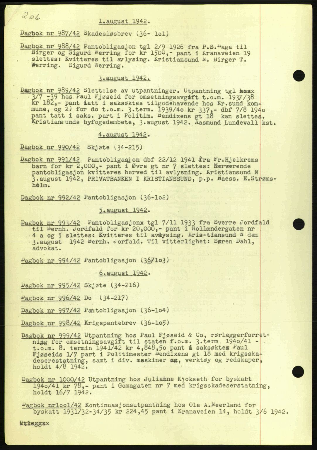 Kristiansund byfogd, AV/SAT-A-4587/A/27: Pantebok nr. 32a, 1938-1946, Dagboknr: 990/1942