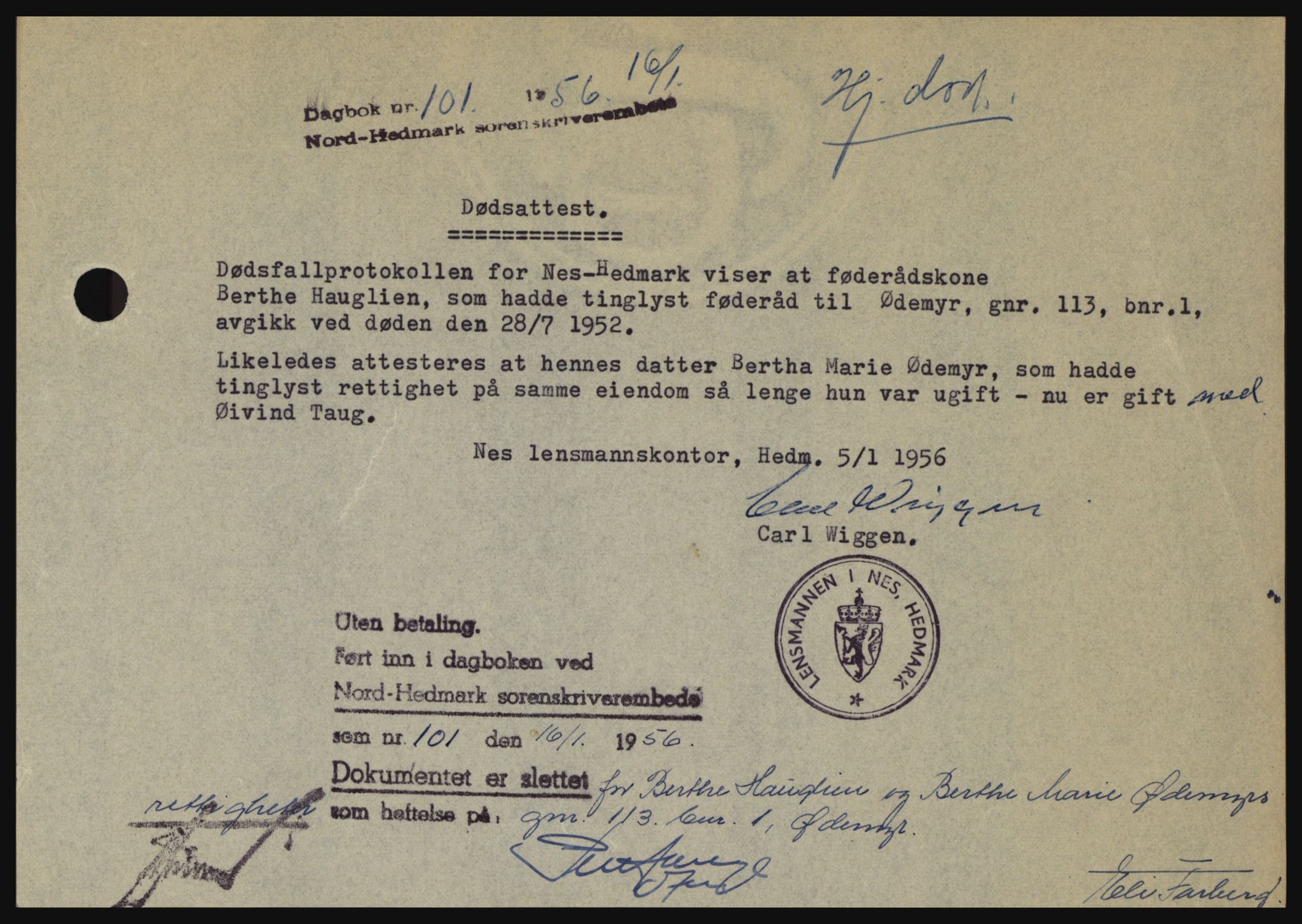 Nord-Hedmark sorenskriveri, SAH/TING-012/H/Hc/L0010: Pantebok nr. 10, 1955-1956, Dagboknr: 101/1956